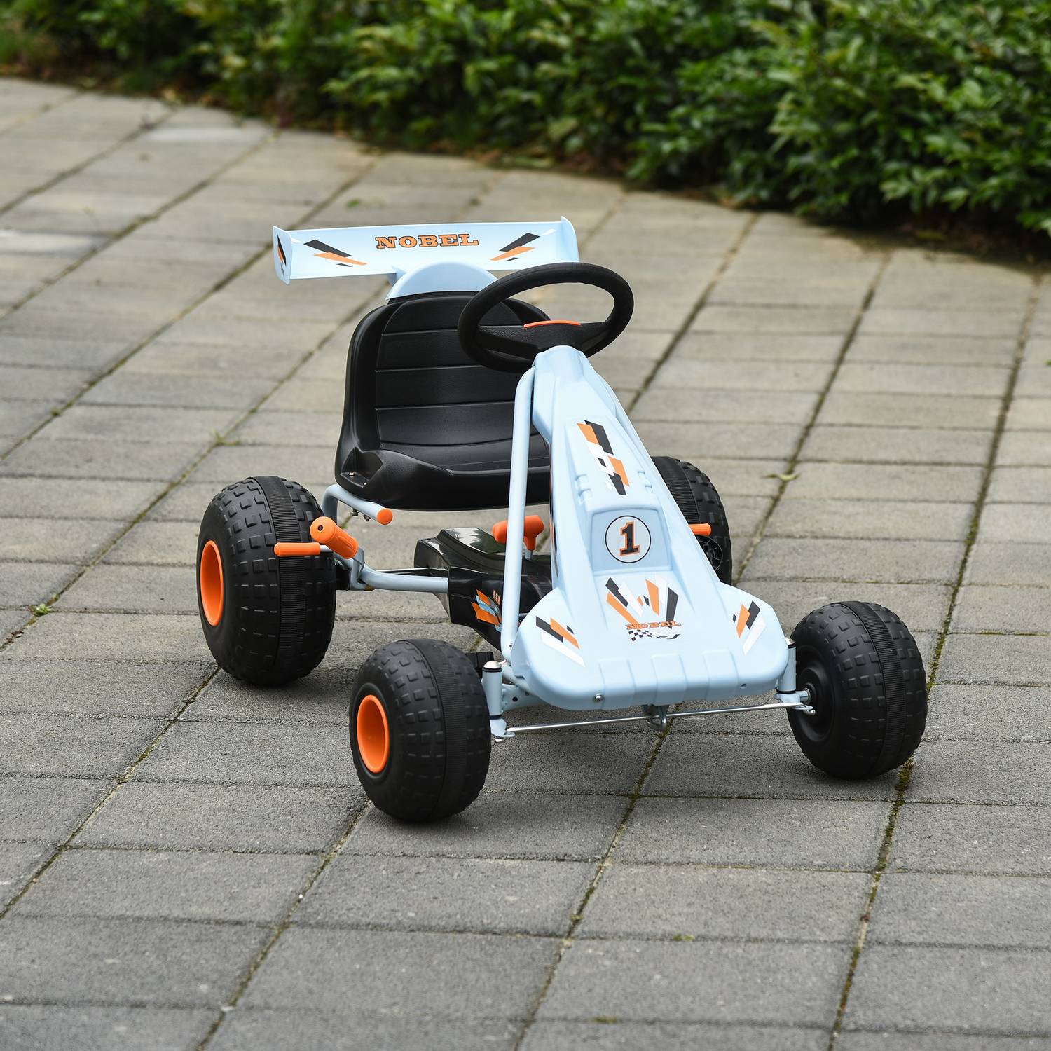 Hellblaues Stahl-Pedal-Gokart mit verstellbarem Sitz