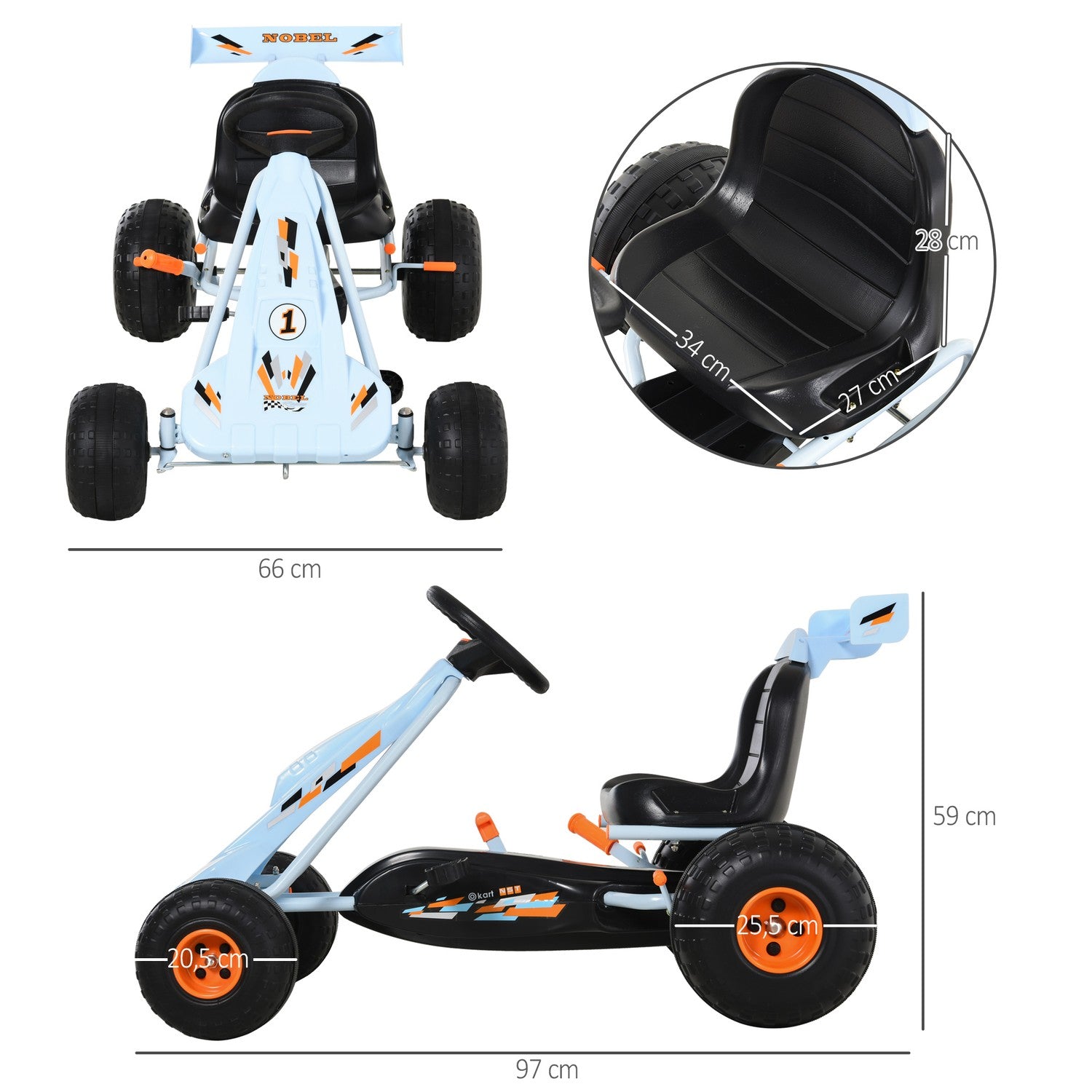 Hellblaues Stahl-Pedal-Gokart mit verstellbarem Sitz