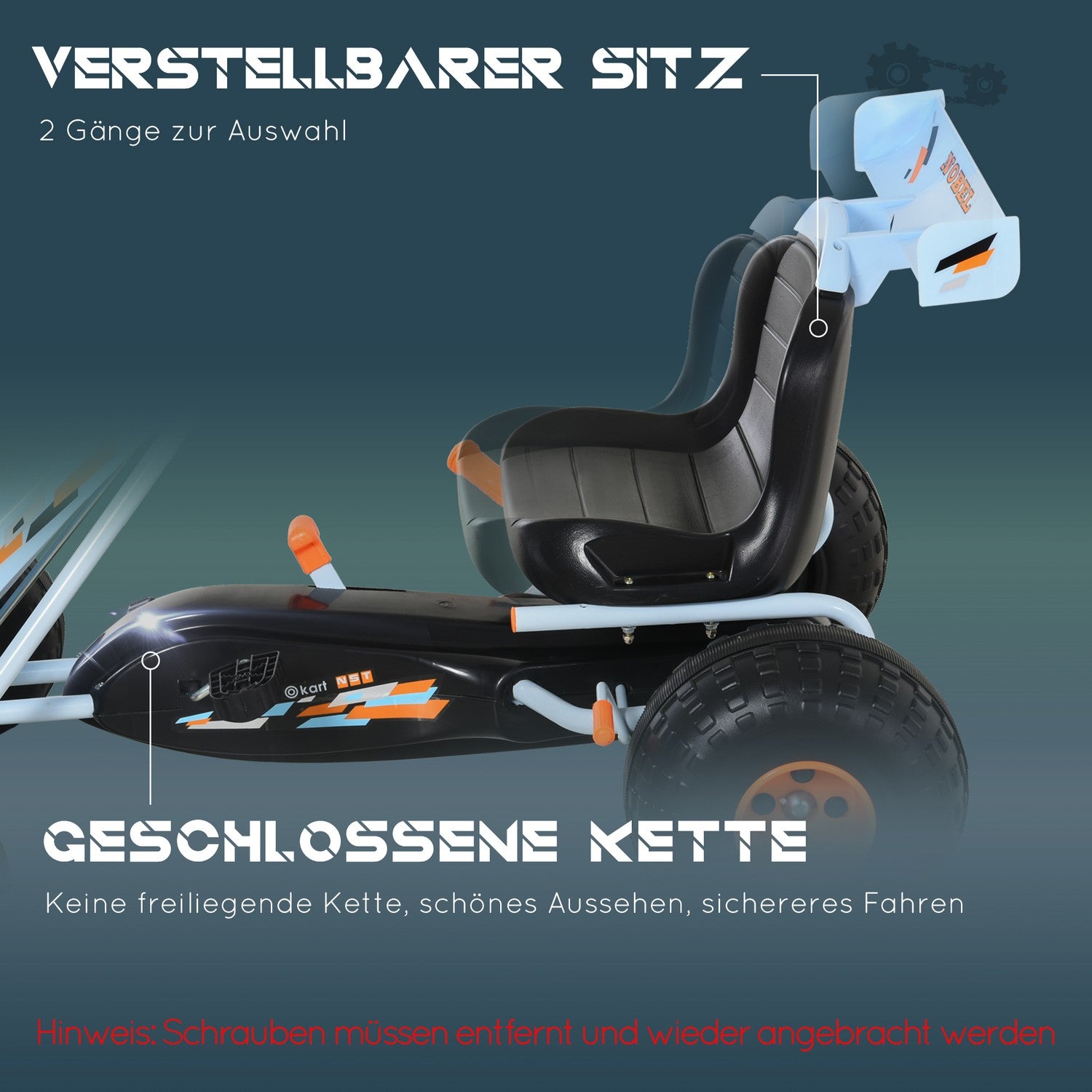 Hellblaues Stahl-Pedal-Gokart mit verstellbarem Sitz