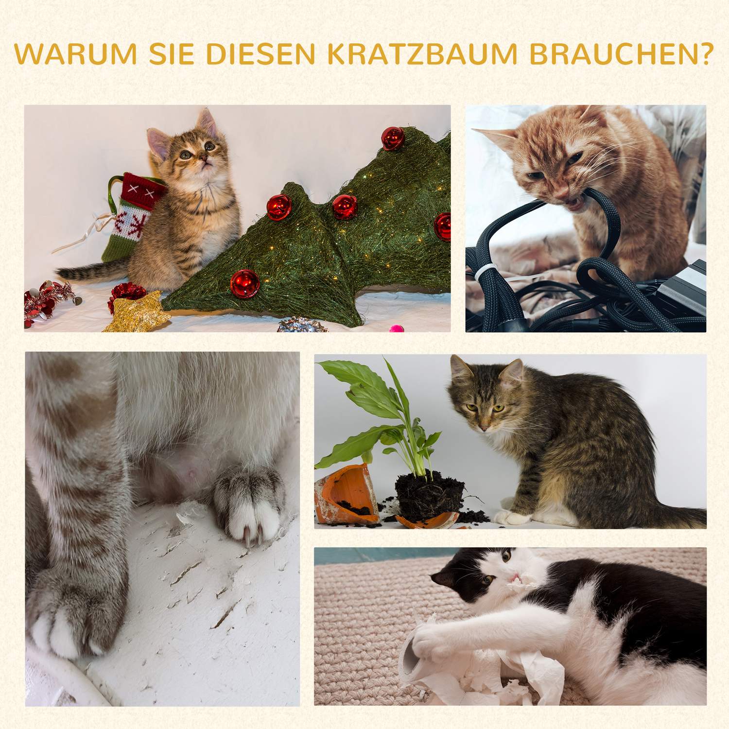 Lång katt klätterträd med sisal & lekboll, grå/kräm