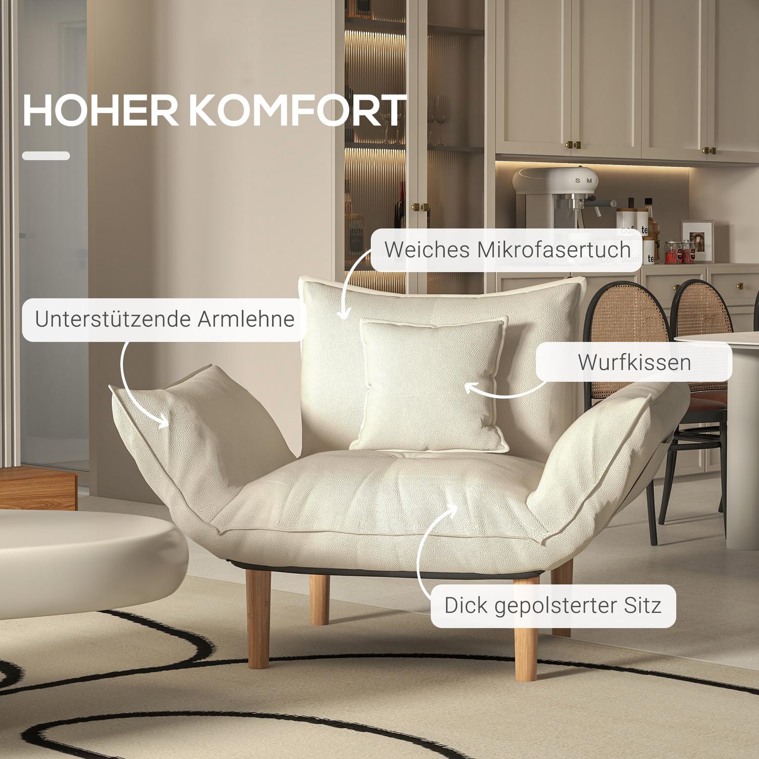 Loungestoel met kussens, verstelbaar en crèmekleurige microvezel