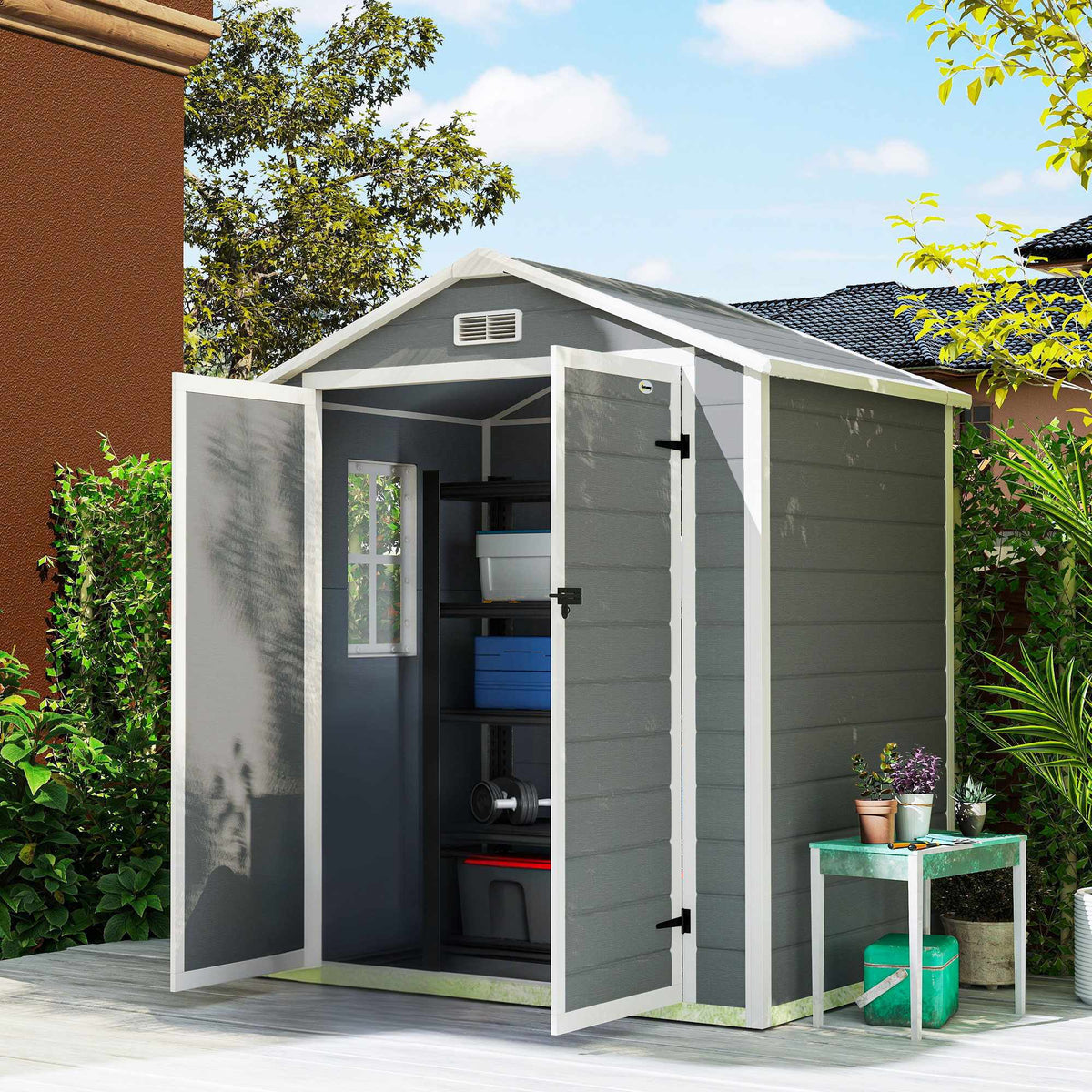 Vergrendelbare metalen tuinschuur, dubbele deur, raam, 1,80 x 1,30 x 2,10 m