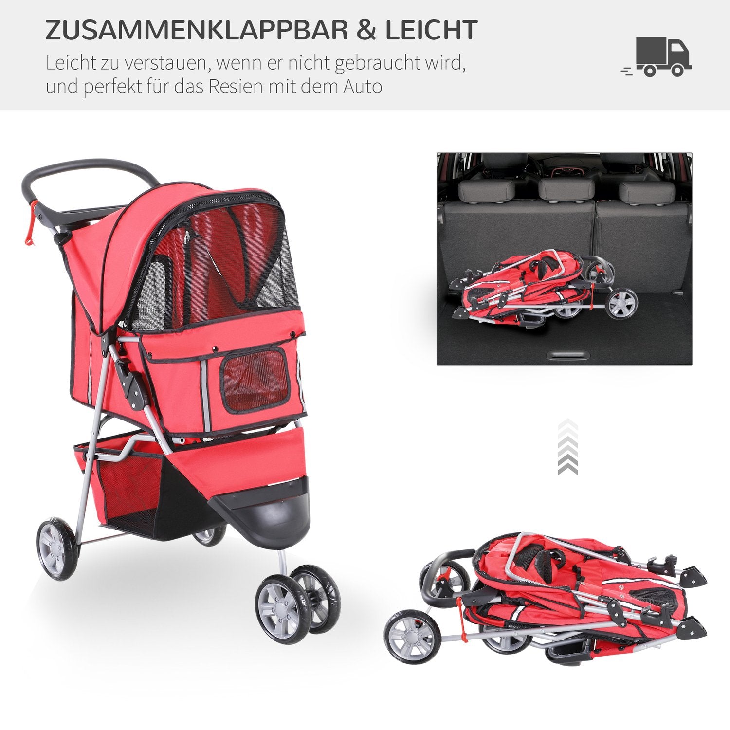Licht inklapbare honden- en kattenbuggy – Rood