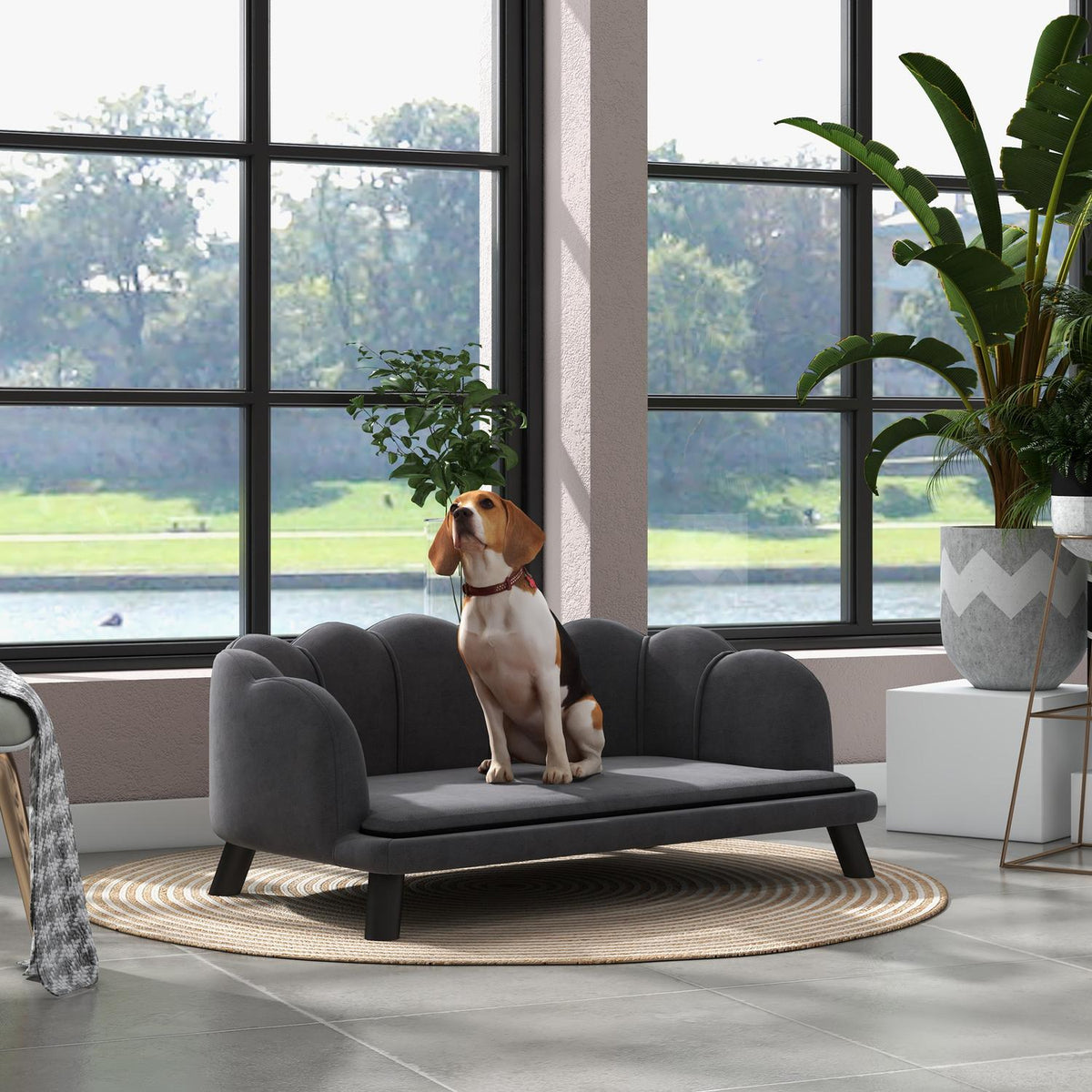 Luxe hondenbank, donkergrijs, houten poten, 98,5x60,5x35,5 cm