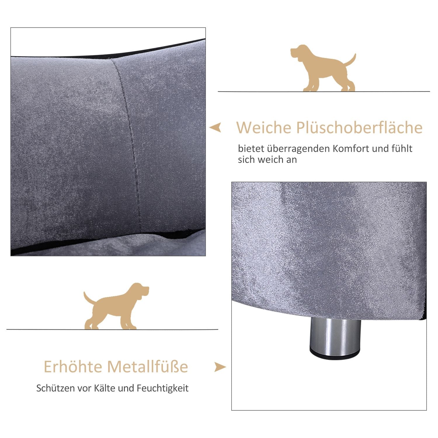 Luxe pluche hondenbank met kussen, grijs – 69x49x38 cm