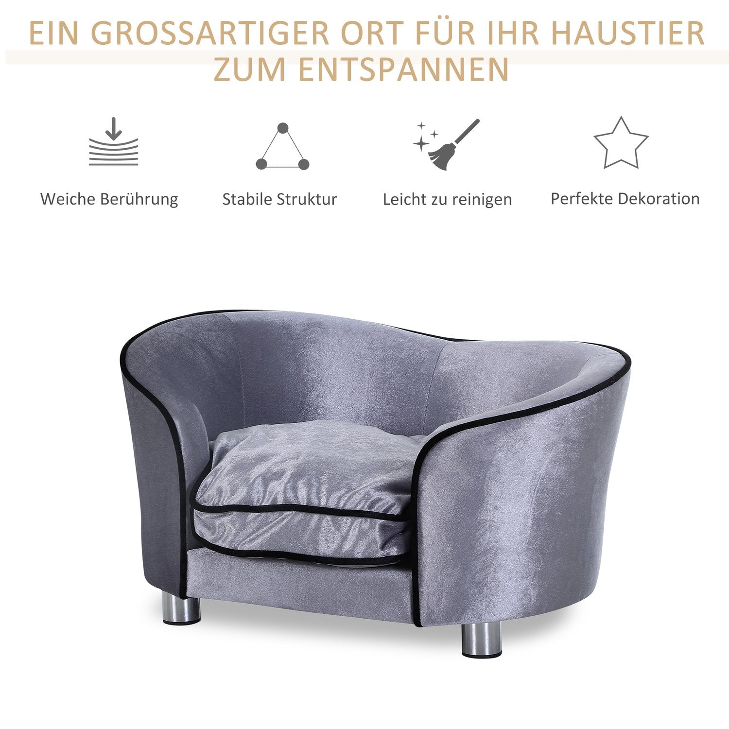 Luxe pluche hondenbank met kussen, grijs – 69x49x38 cm