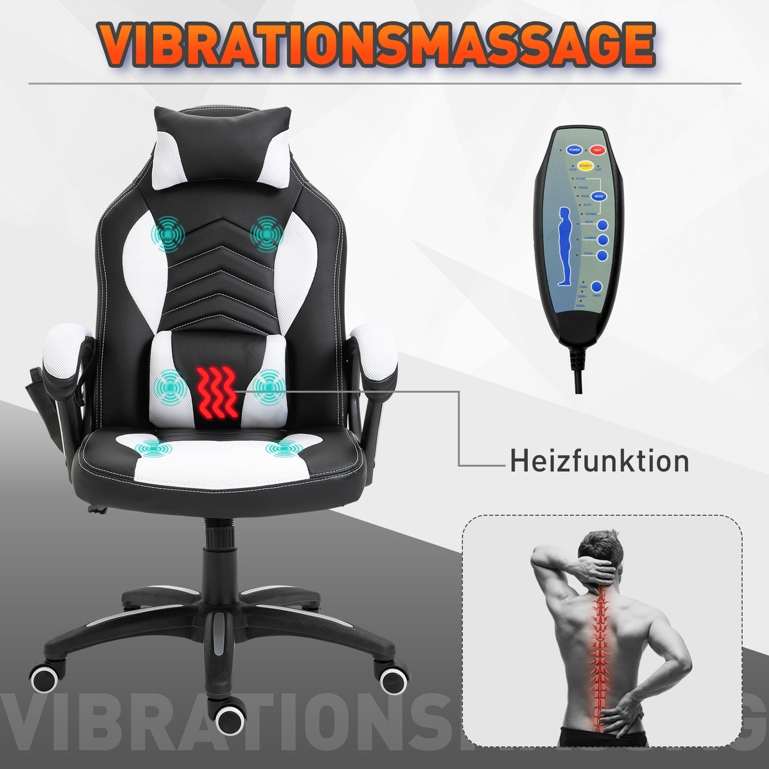 Massage Gaming Bureaustoel met Warmte & Vibratie, Zwart/Wit