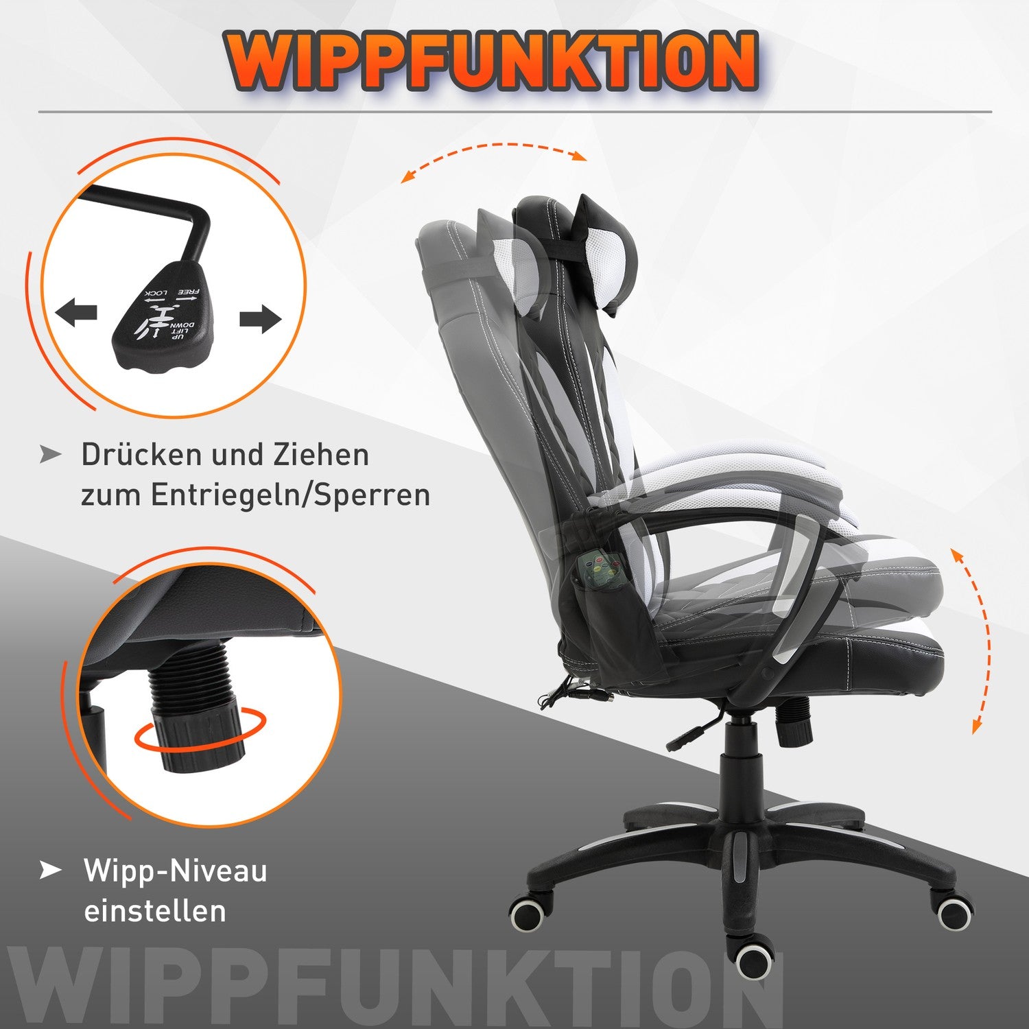 Massage Gaming Bureaustoel met Warmte & Vibratie, Zwart/Wit