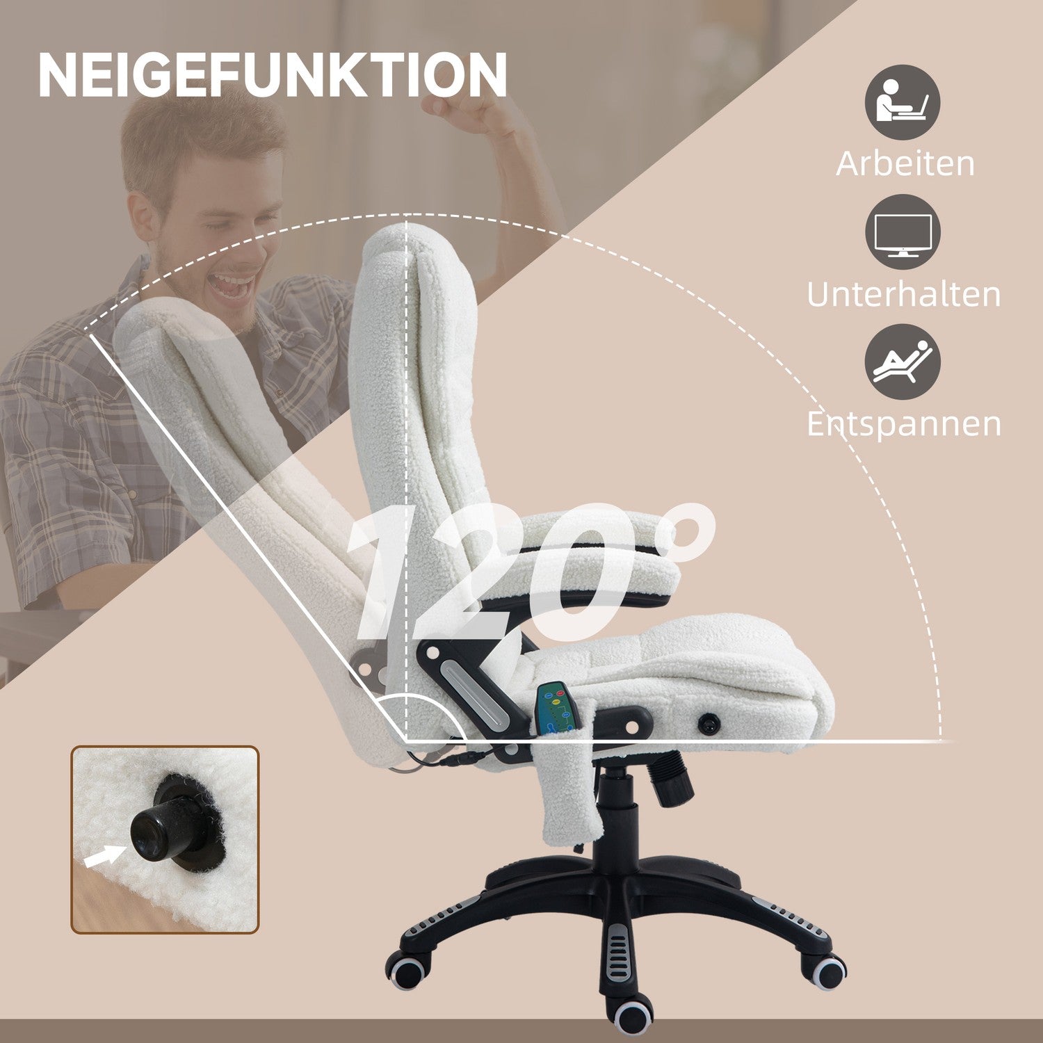 Massagestoel Bureaustoel, Ligfunctie, Verwarmd, Teddy Fluweel, Wit