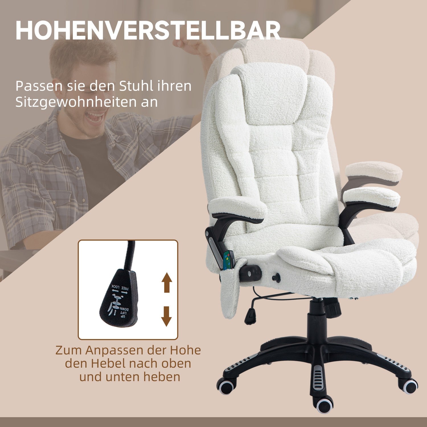 Massagestoel Bureaustoel, Ligfunctie, Verwarmd, Teddy Fluweel, Wit
