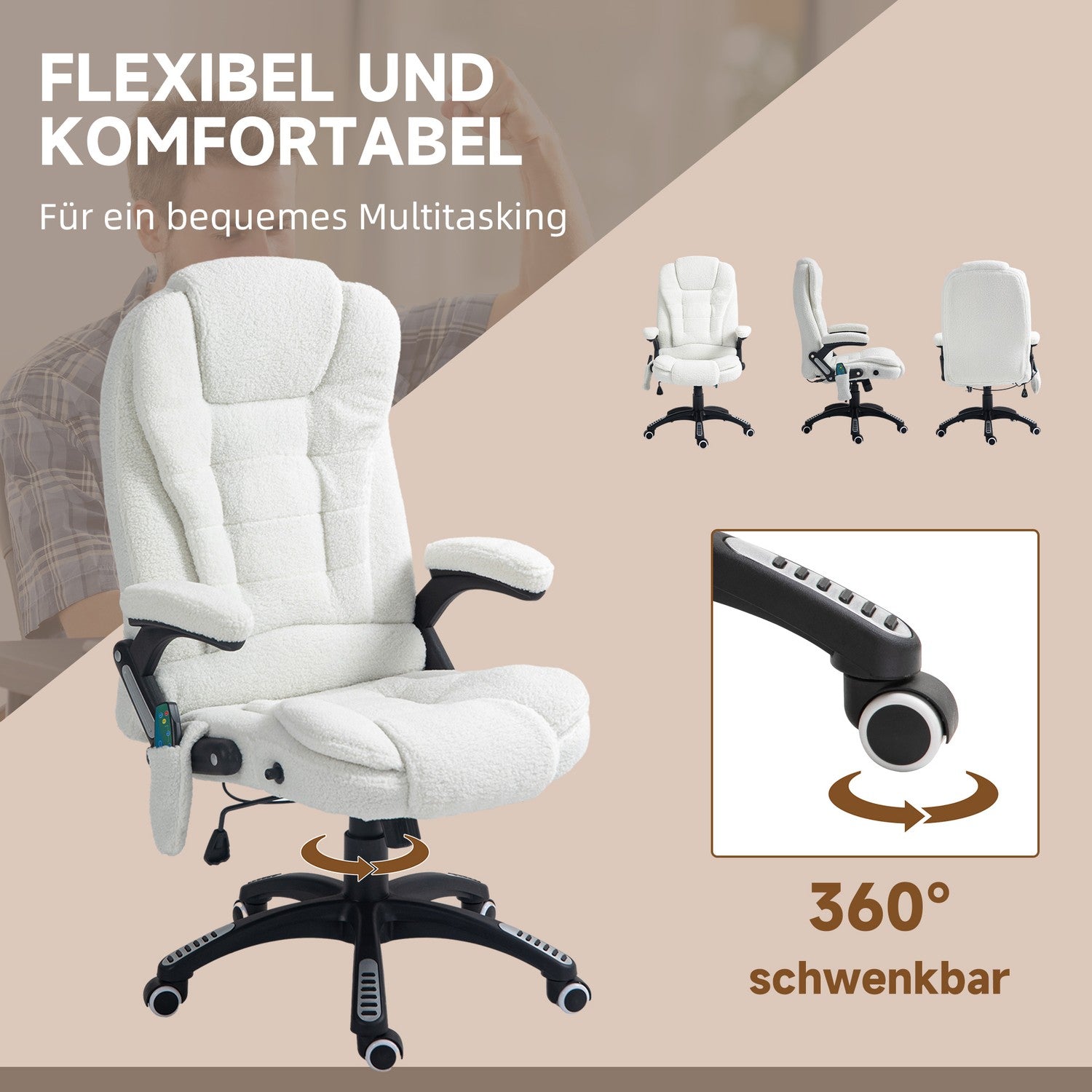 Massagestoel Bureaustoel, Ligfunctie, Verwarmd, Teddy Fluweel, Wit