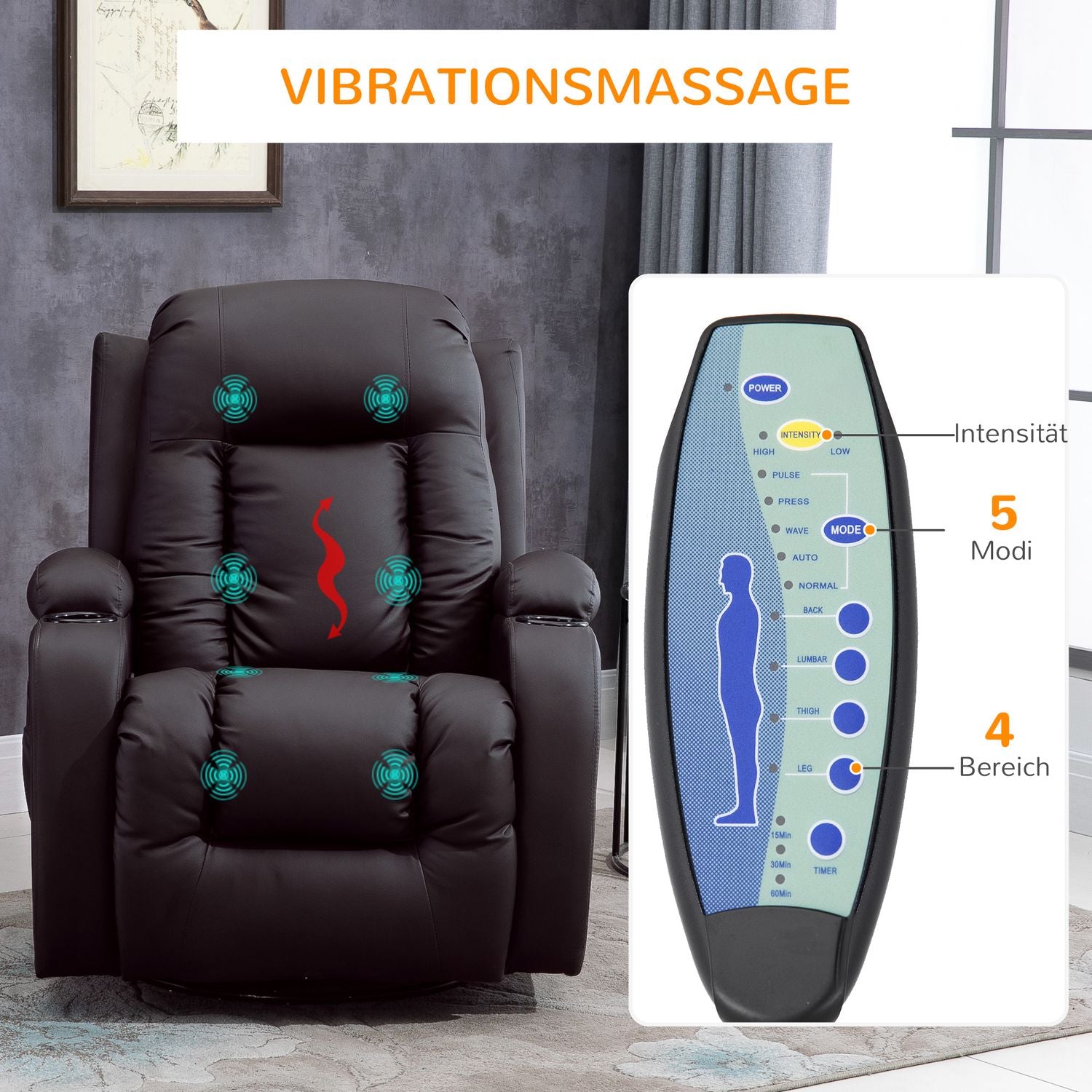 Massagestoel met Warmte en Ligfunctie, Bekerhouders, Bruin