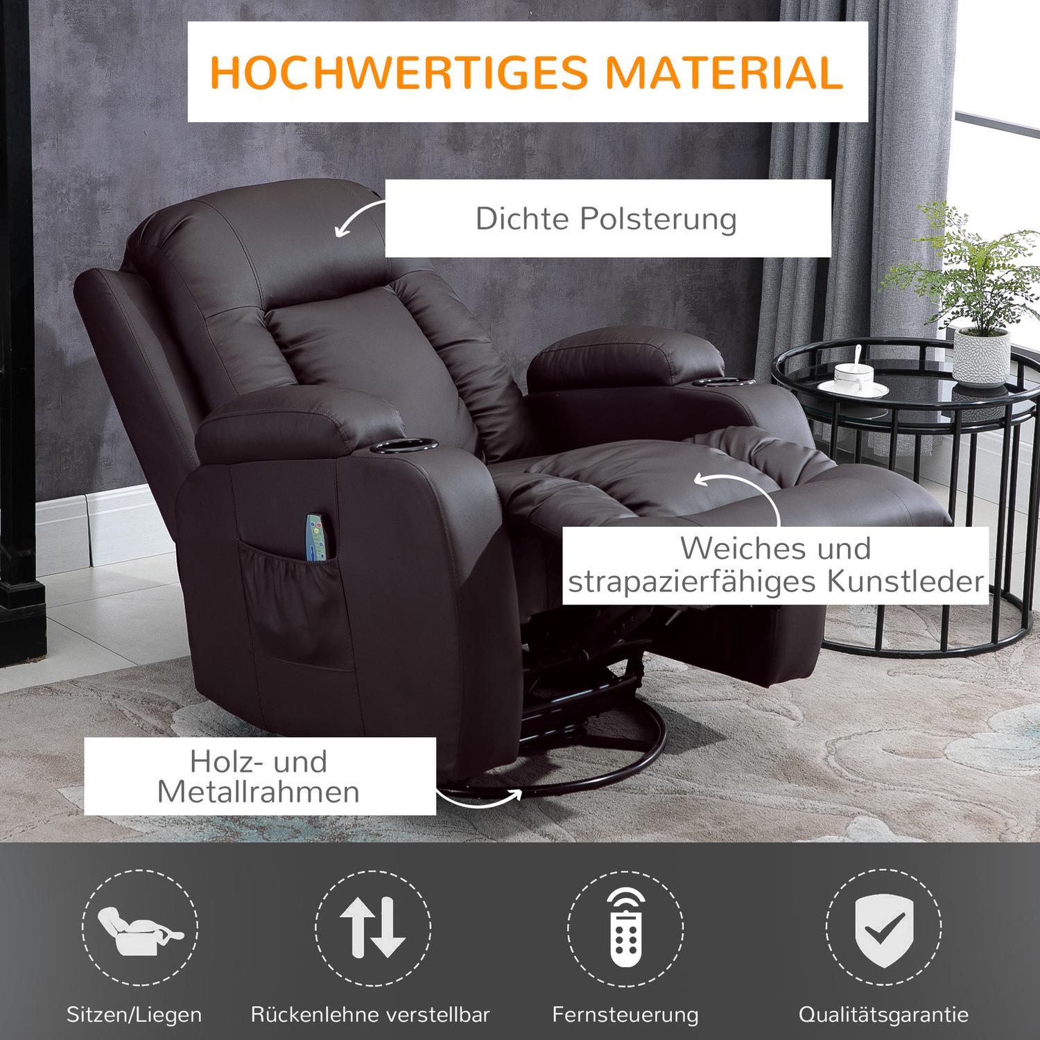 Massagestoel met Warmte en Ligfunctie, Bekerhouders, Bruin
