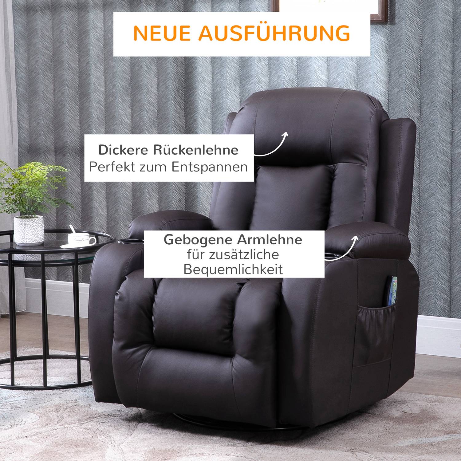 Massagestoel met Warmte en Ligfunctie, Bekerhouders, Bruin