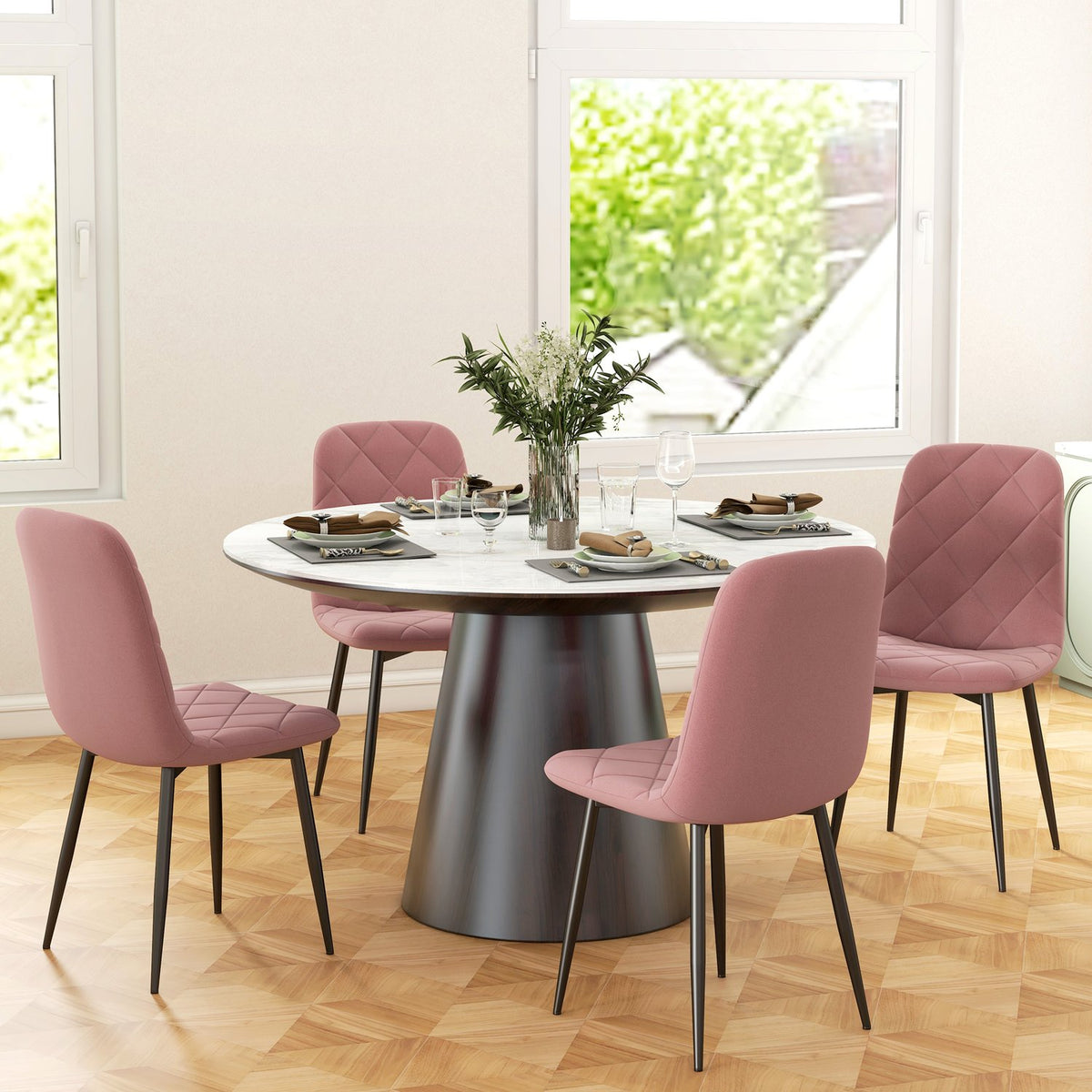 Eetkamerstoelen set van 4 keukenstoelen met rugleuning, fluweellook, fauteuil 45 x 54 x 87 cm roze