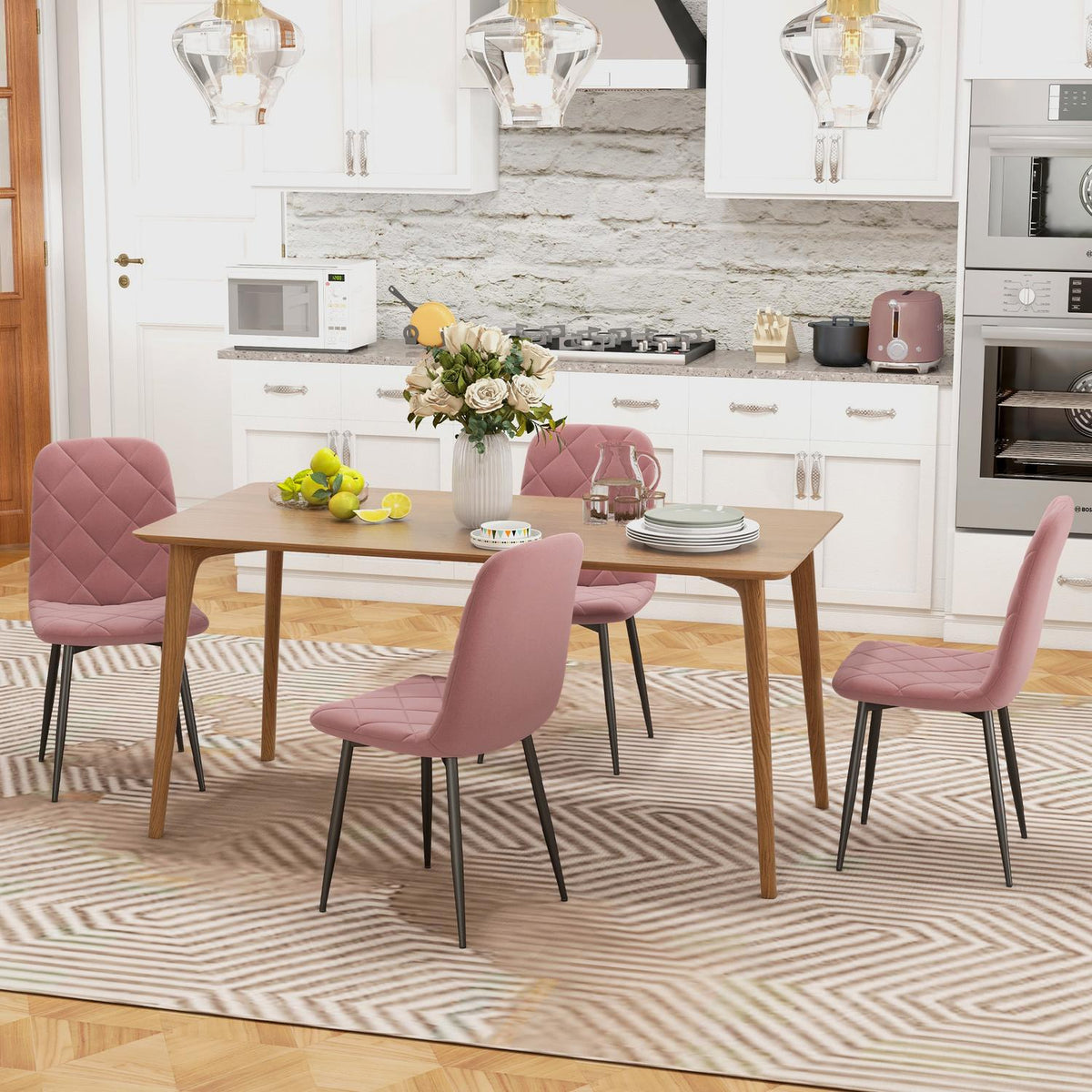 Eetkamerstoelen set van 4 keukenstoelen met rugleuning, fluweellook, fauteuil 45 x 54 x 87 cm roze