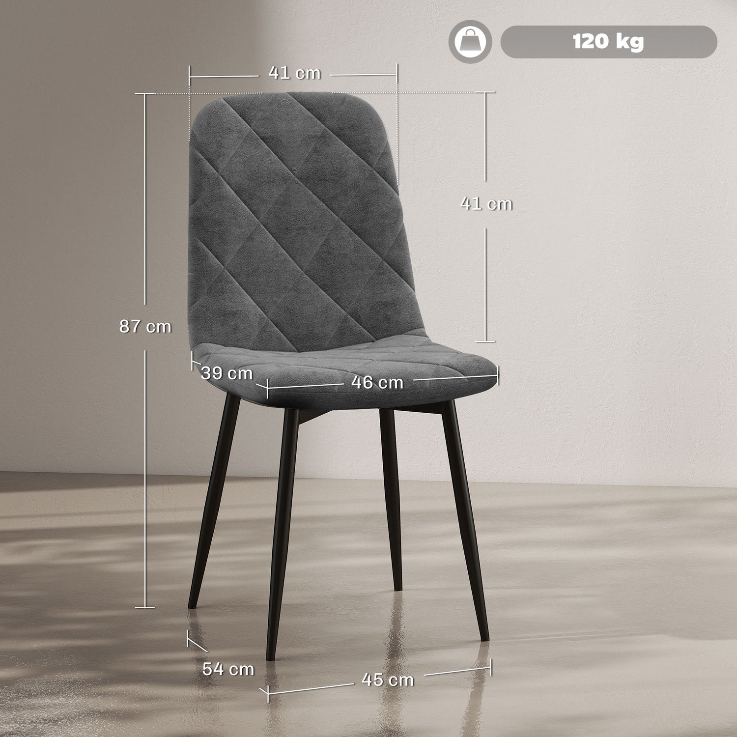Eetkamerstoelen, set van 4 keukenstoelen met rugleuning, fluweel-look, gestoffeerde stoelen met metalen poten, voor eettafel, grijs