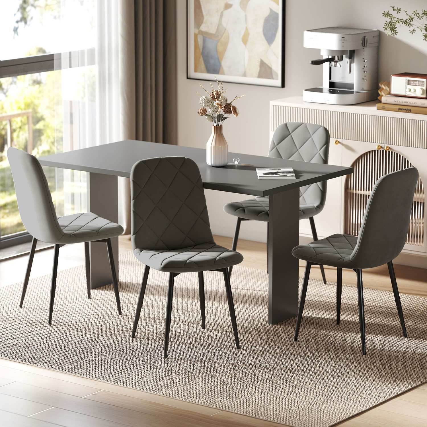 Eetkamerstoelen, set van 4 keukenstoelen met rugleuning, fluweel-look, gestoffeerde stoelen met metalen poten, voor eettafel, grijs
