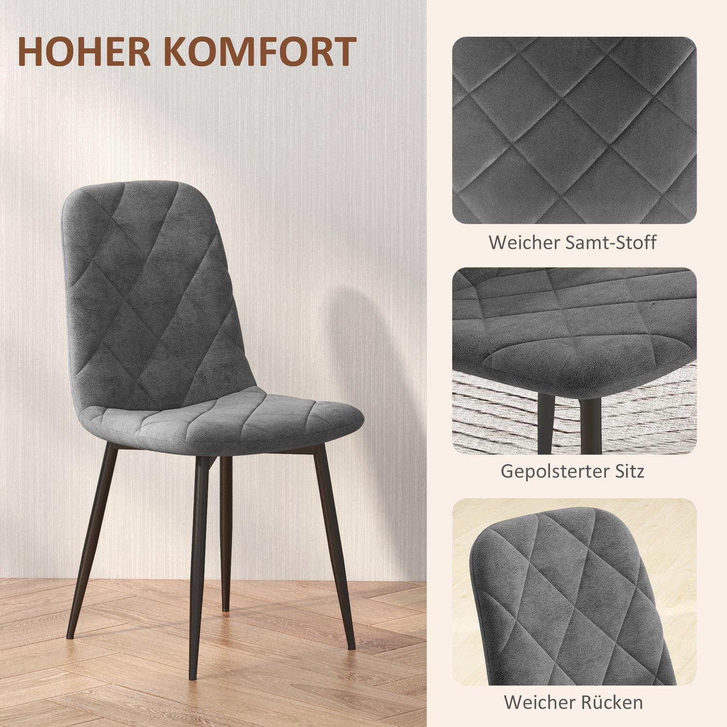 Eetkamerstoelen, set van 4 keukenstoelen met rugleuning, fluweel-look, gestoffeerde stoelen met metalen poten, voor eettafel, grijs