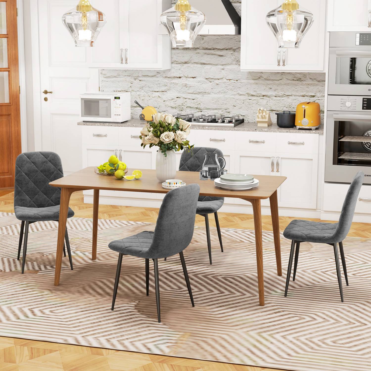 Eetkamerstoelen, set van 4 keukenstoelen met rugleuning, fluweel-look, gestoffeerde stoelen met metalen poten, voor eettafel, grijs
