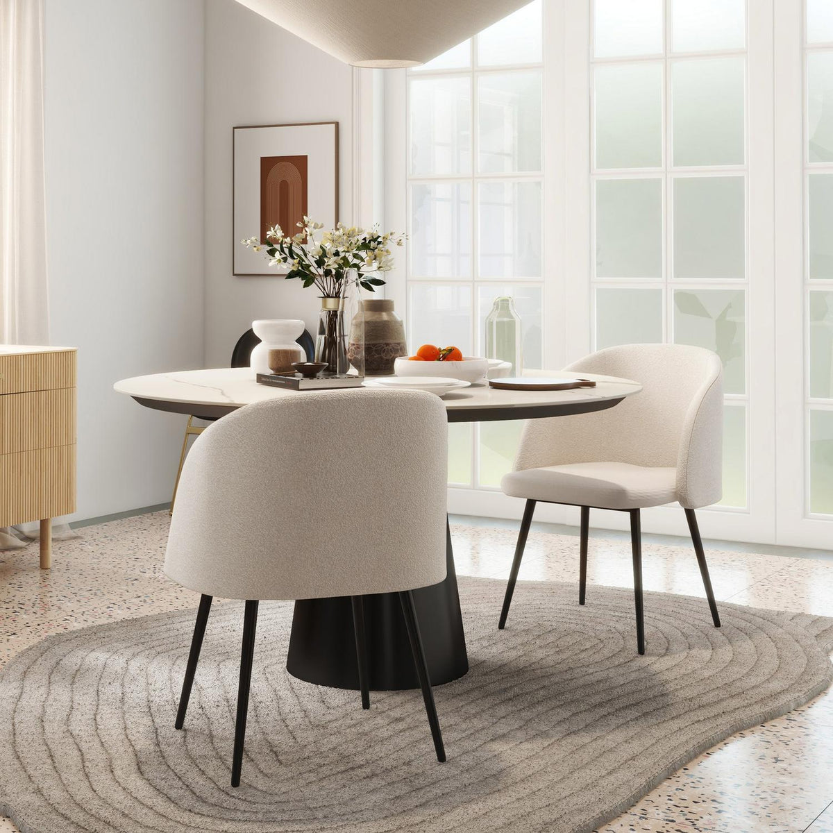 Eetkamerstoelen set van 2, gewatteerd, crèmewit, stalen poten