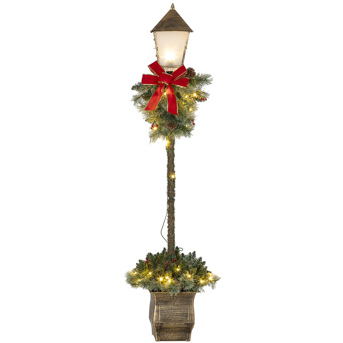Metalen kerstlantaarn met LED Fairy Lights, dennenappels en strik