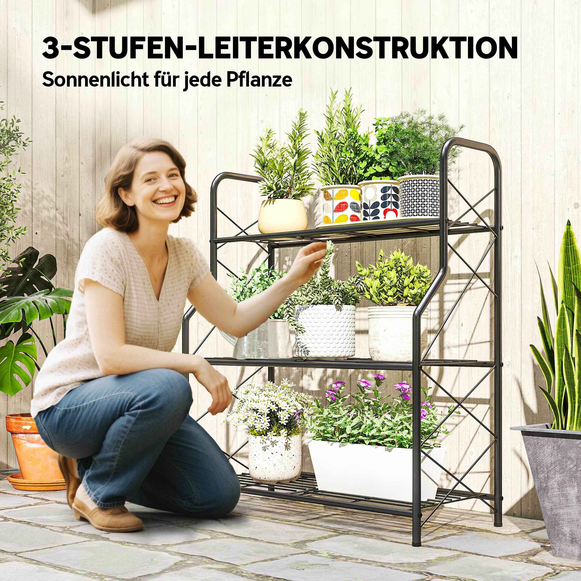 Metallställ med 3 nivåer och handtag, 78 cm, svart