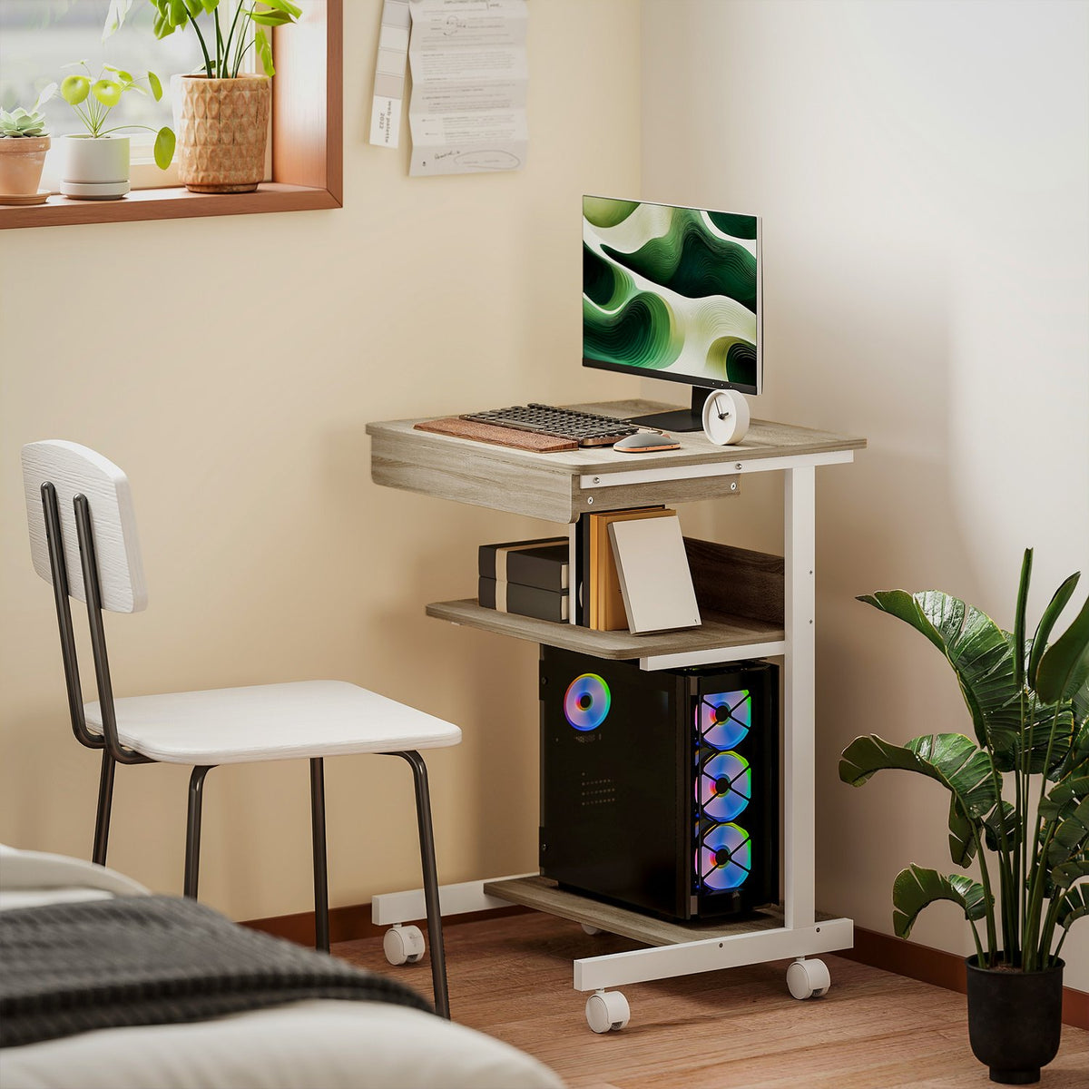 Mobiel bureau met lade en planken, 4 wielen, spaanplaat, metaal