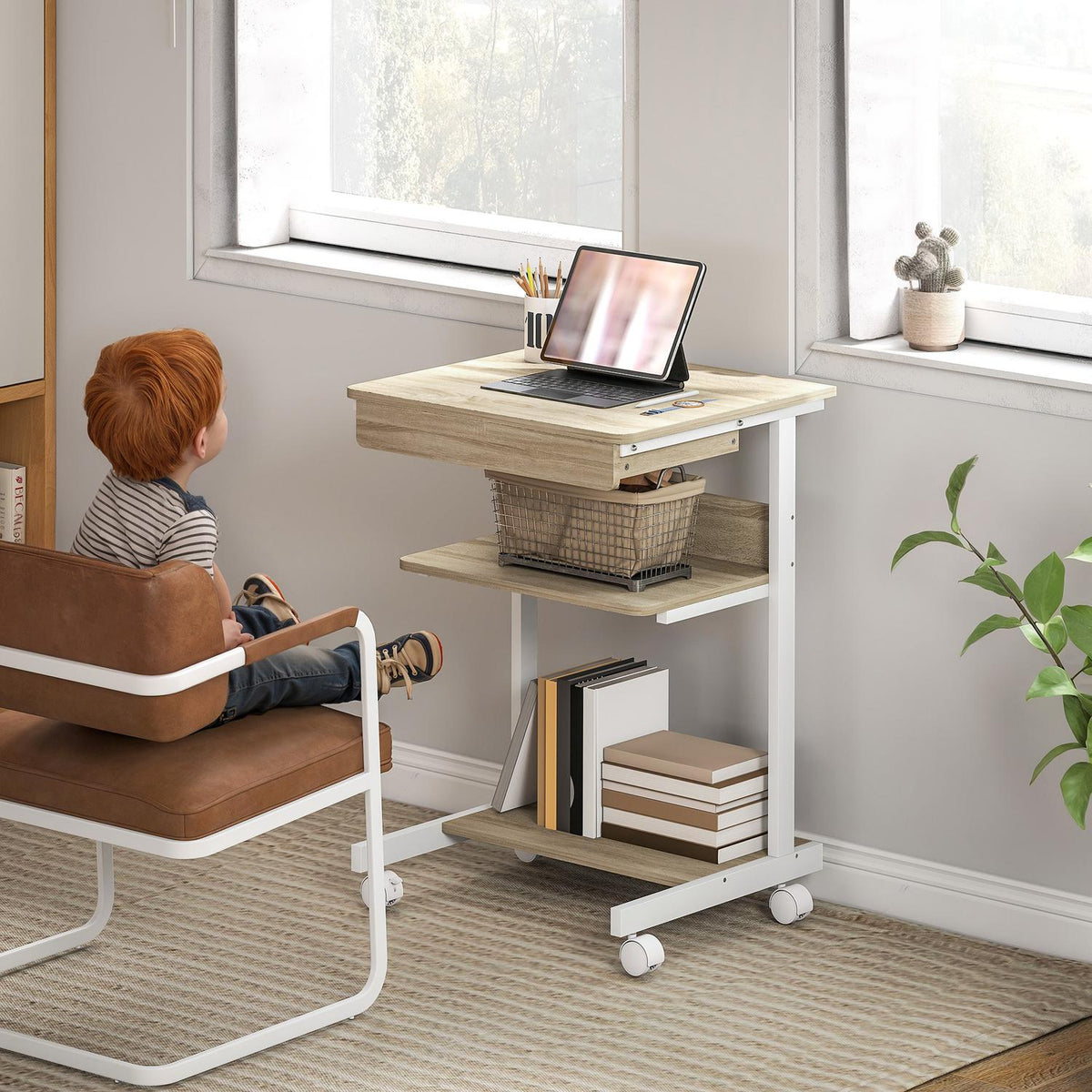 Mobiel bureau met lade en planken, 4 wielen, spaanplaat, metaal