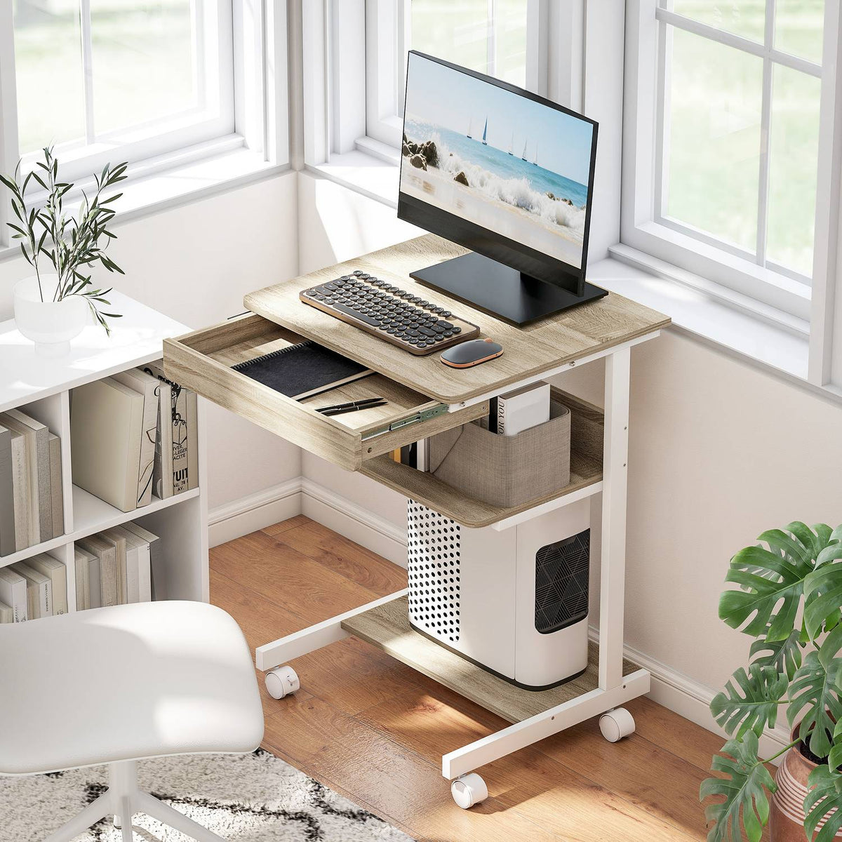 Mobiel bureau met lade en planken, 4 wielen, spaanplaat, metaal