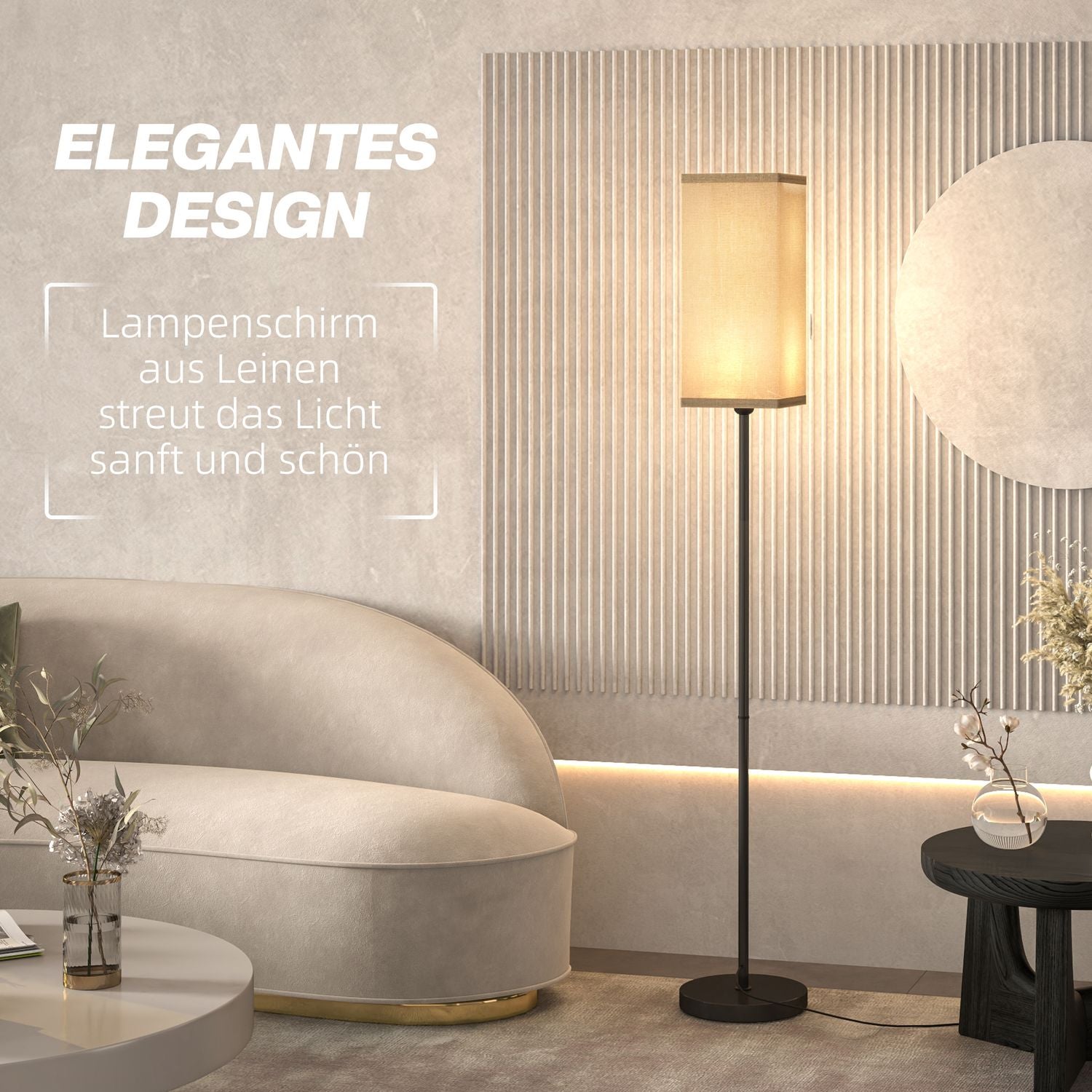 Moderne zwarte vloerlamp met linnenlook kap, voetschakelaar