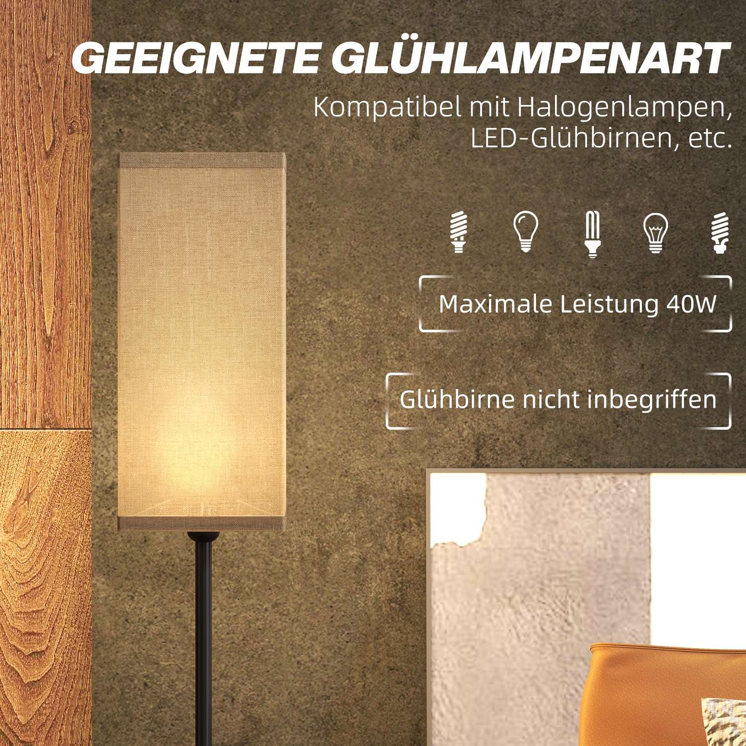 Moderne zwarte vloerlamp met linnenlook kap, voetschakelaar
