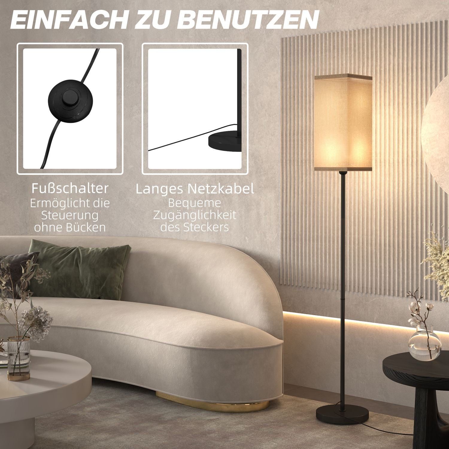 Moderne zwarte vloerlamp met linnenlook kap, voetschakelaar