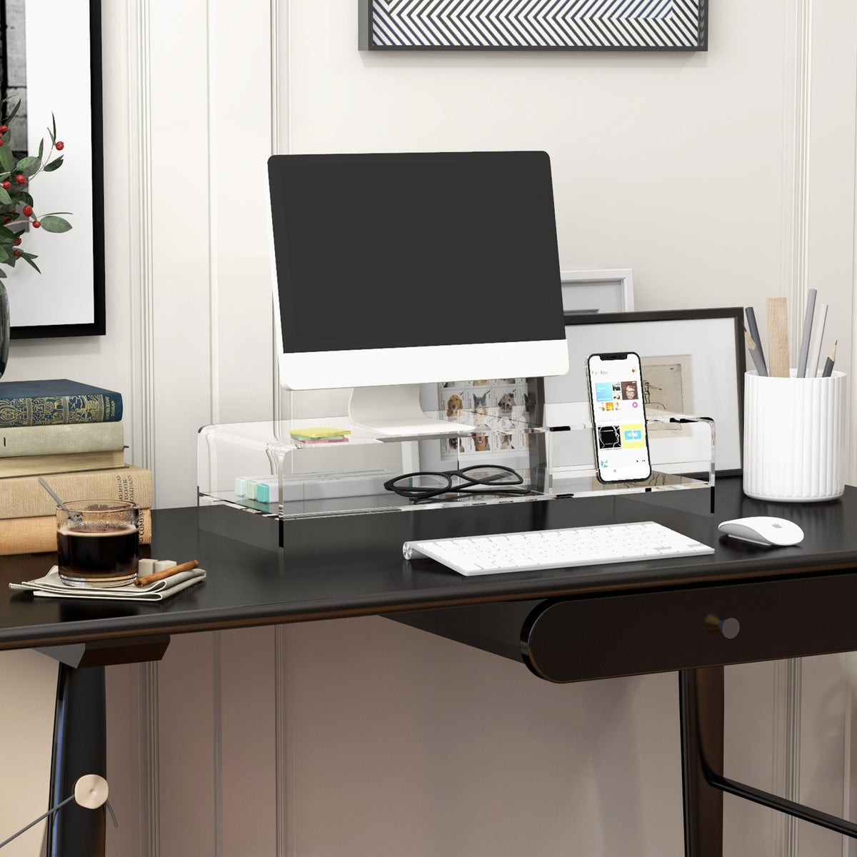 Acryl monitorstandaard met opbergruimte voor 24" scherm, pc, laptop