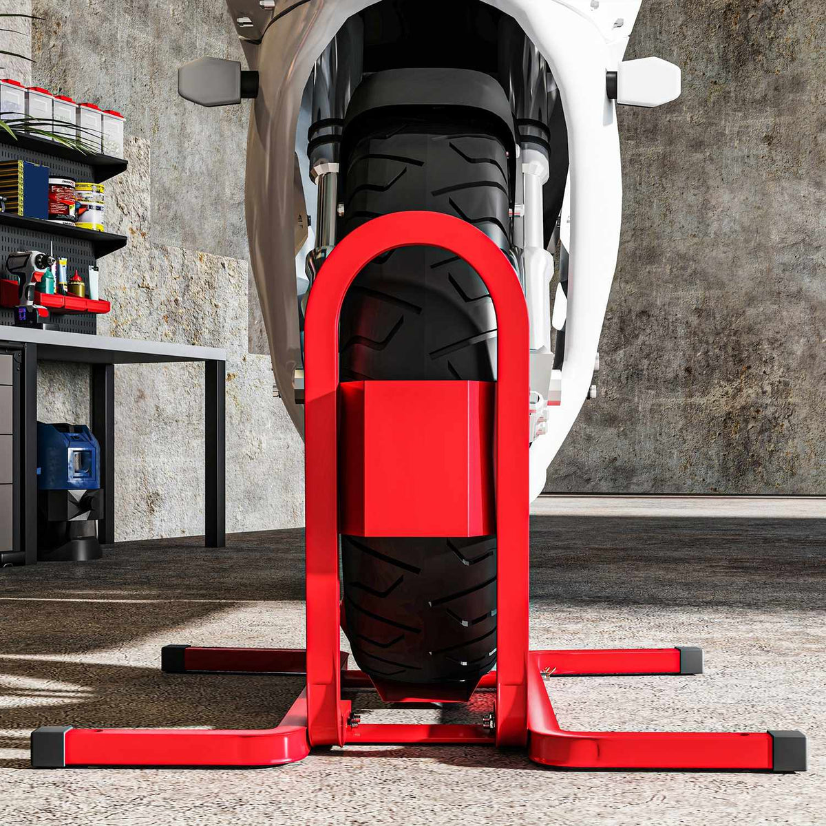 Motorfietswielklem voor wielen van 17–21 inch, metaal, rood