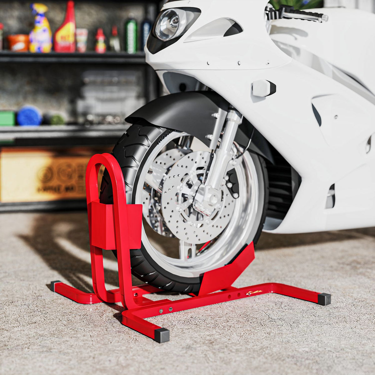 Motorfietswielklem voor wielen van 17–21 inch, metaal, rood