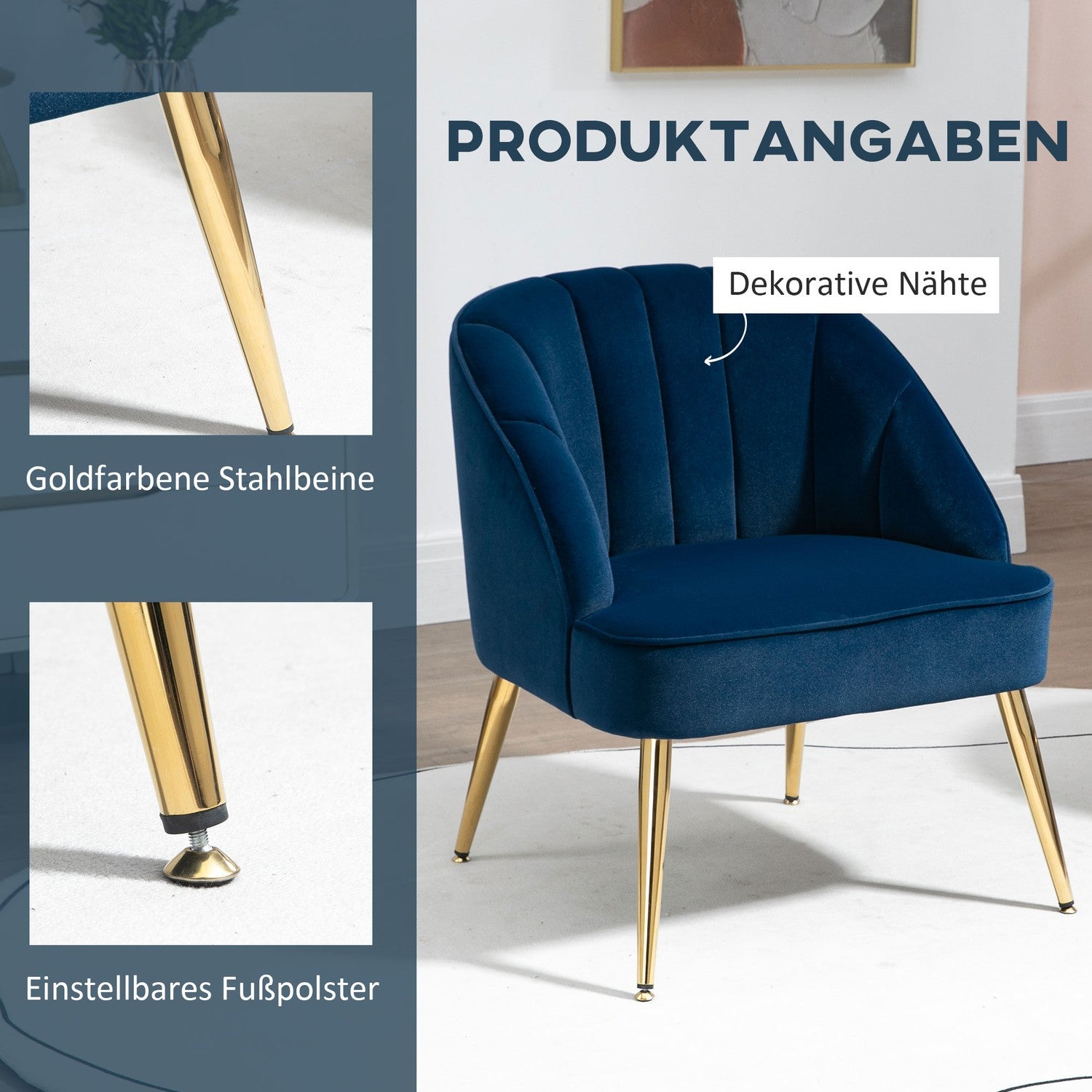 Donkerblauwe fluweellook fauteuil, stalen poten, 65x64x77 cm