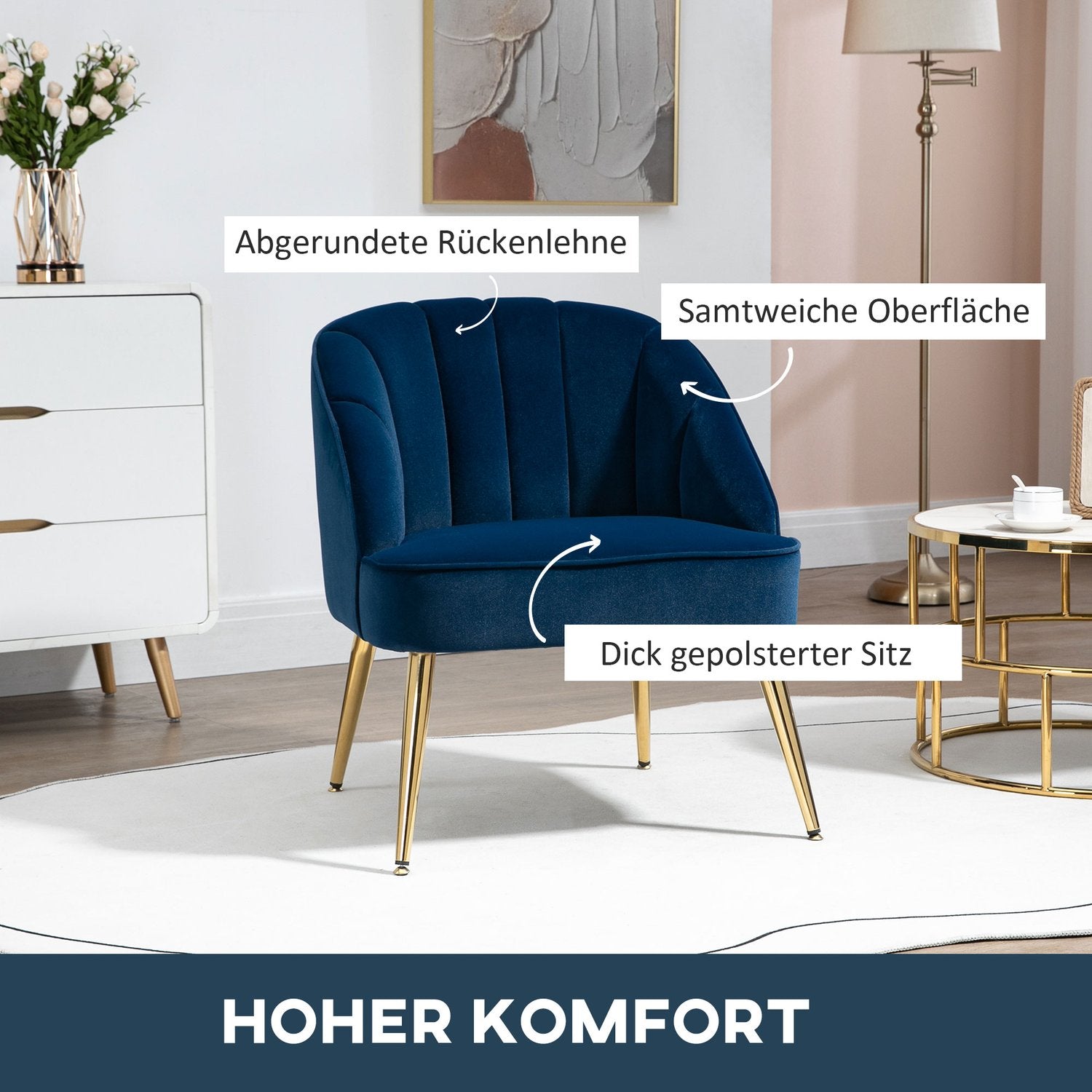Donkerblauwe fluweellook fauteuil, stalen poten, 65x64x77 cm
