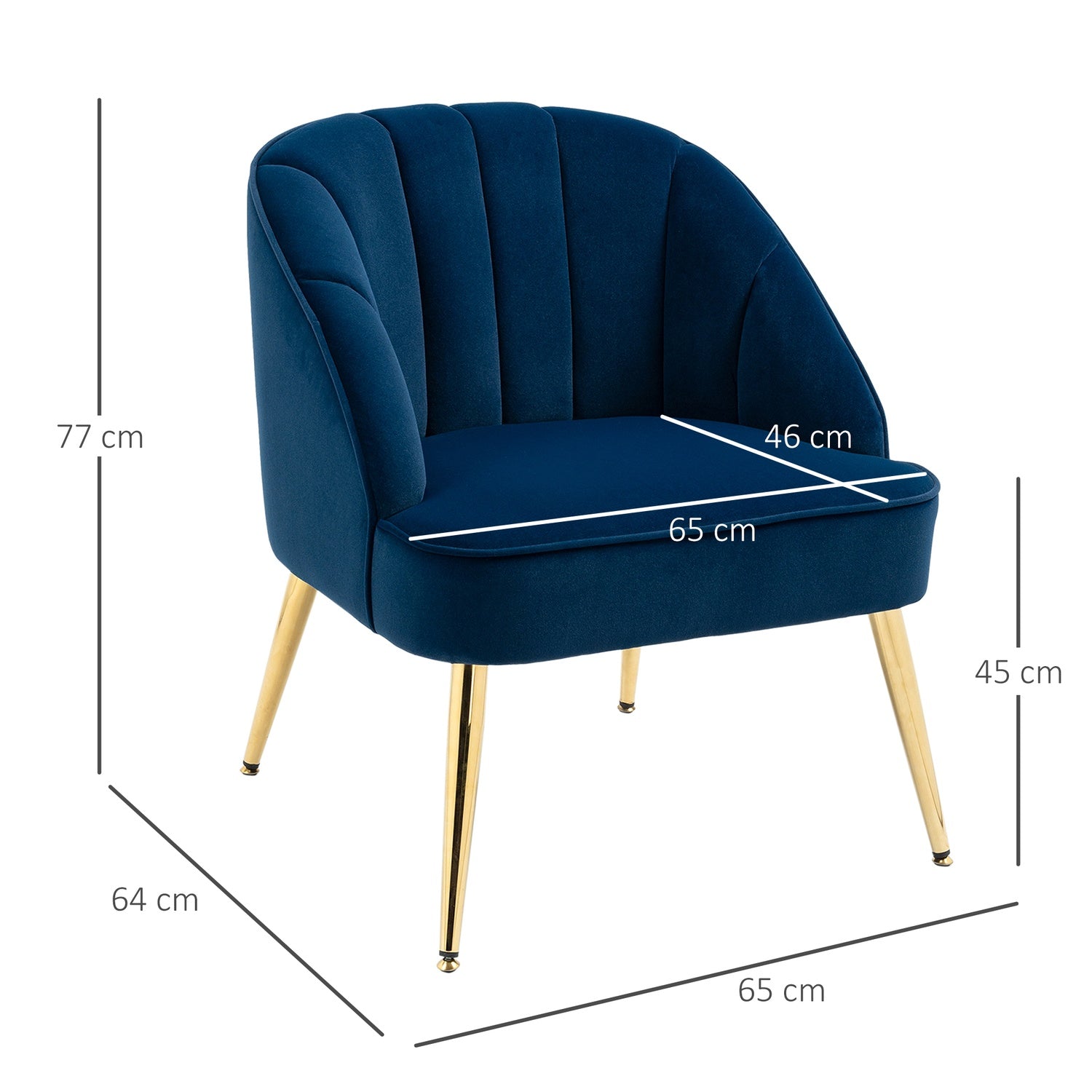 Donkerblauwe fluweellook fauteuil, stalen poten, 65x64x77 cm