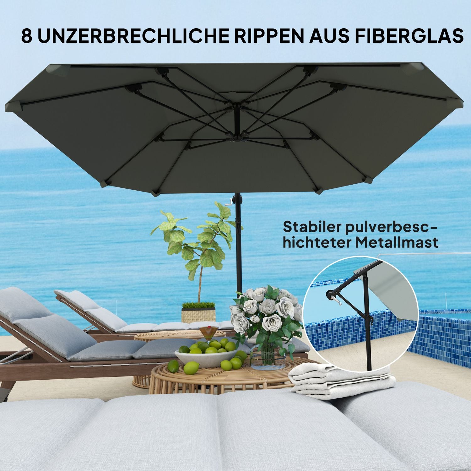 Donkergrijs vrijdragende parasol, 260cm, zwengel & windslot