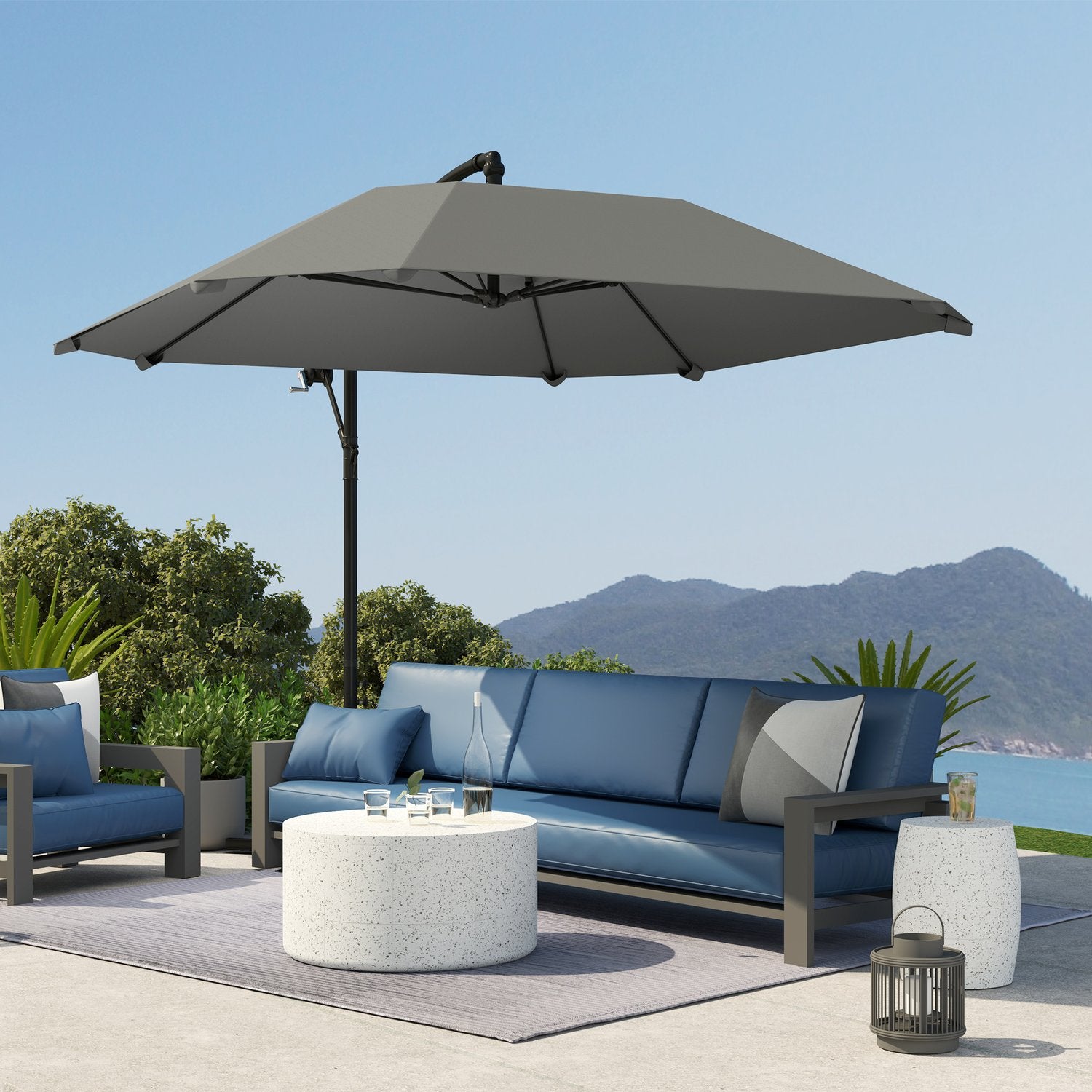 Donkergrijs vrijdragende parasol, 260cm, zwengel & windslot