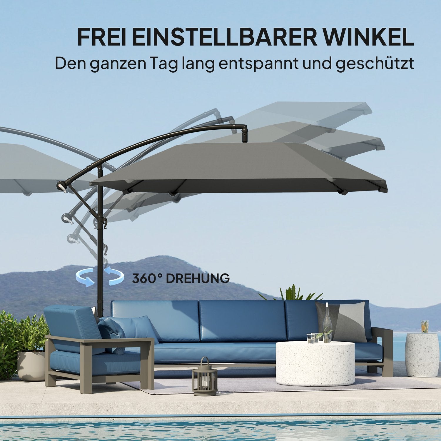 Donkergrijs vrijdragende parasol, 260cm, zwengel & windslot