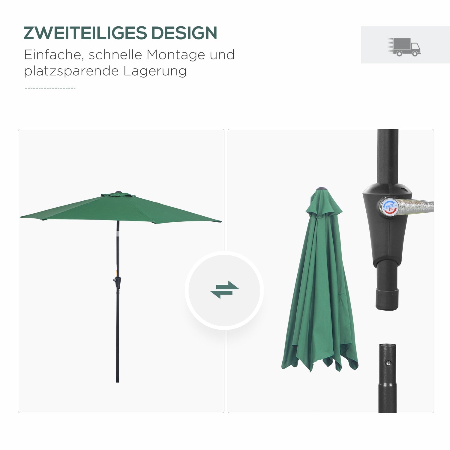 Donkergroene opvouwbare tuinparasol, aluminium, 2,7 m diameter