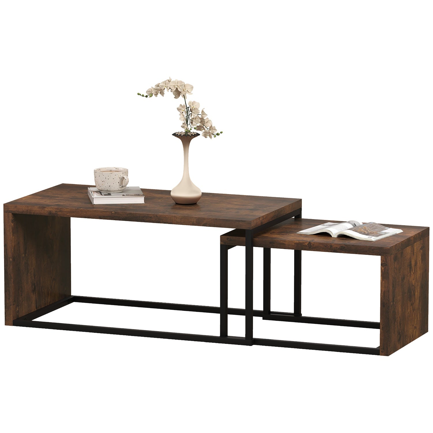 Multifunktionales Couchtisch-Set – schwarzes & braunes Metallgestell