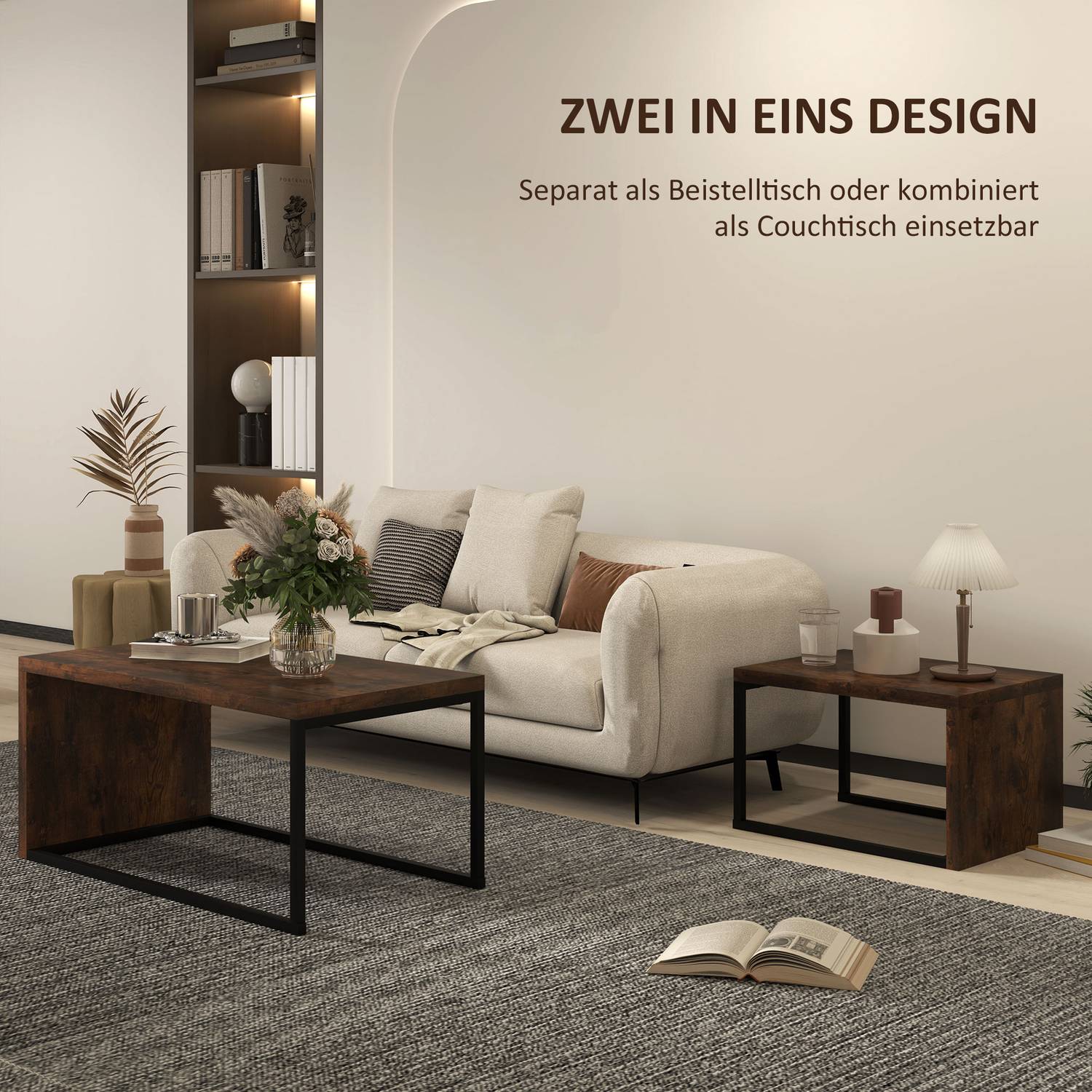 Multifunktionales Couchtisch-Set – schwarzes & braunes Metallgestell