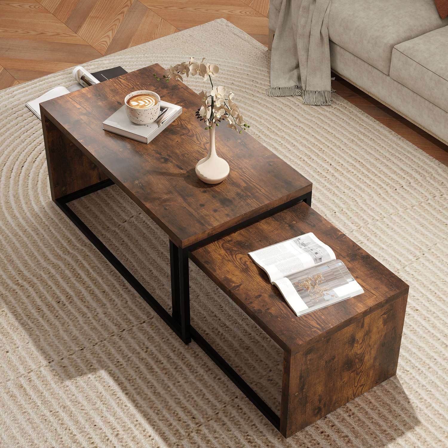 Multifunktionales Couchtisch-Set – schwarzes & braunes Metallgestell