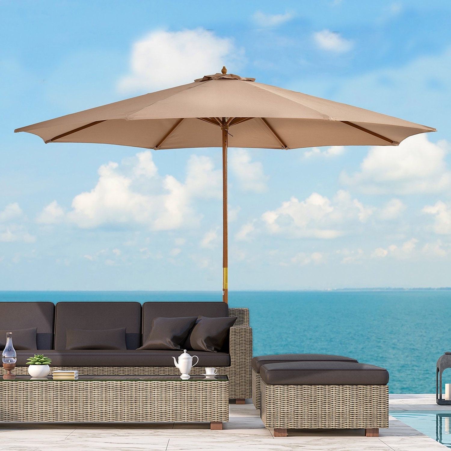 Houten terrasparasol, 300 cm, Bamboe frame, Khaki