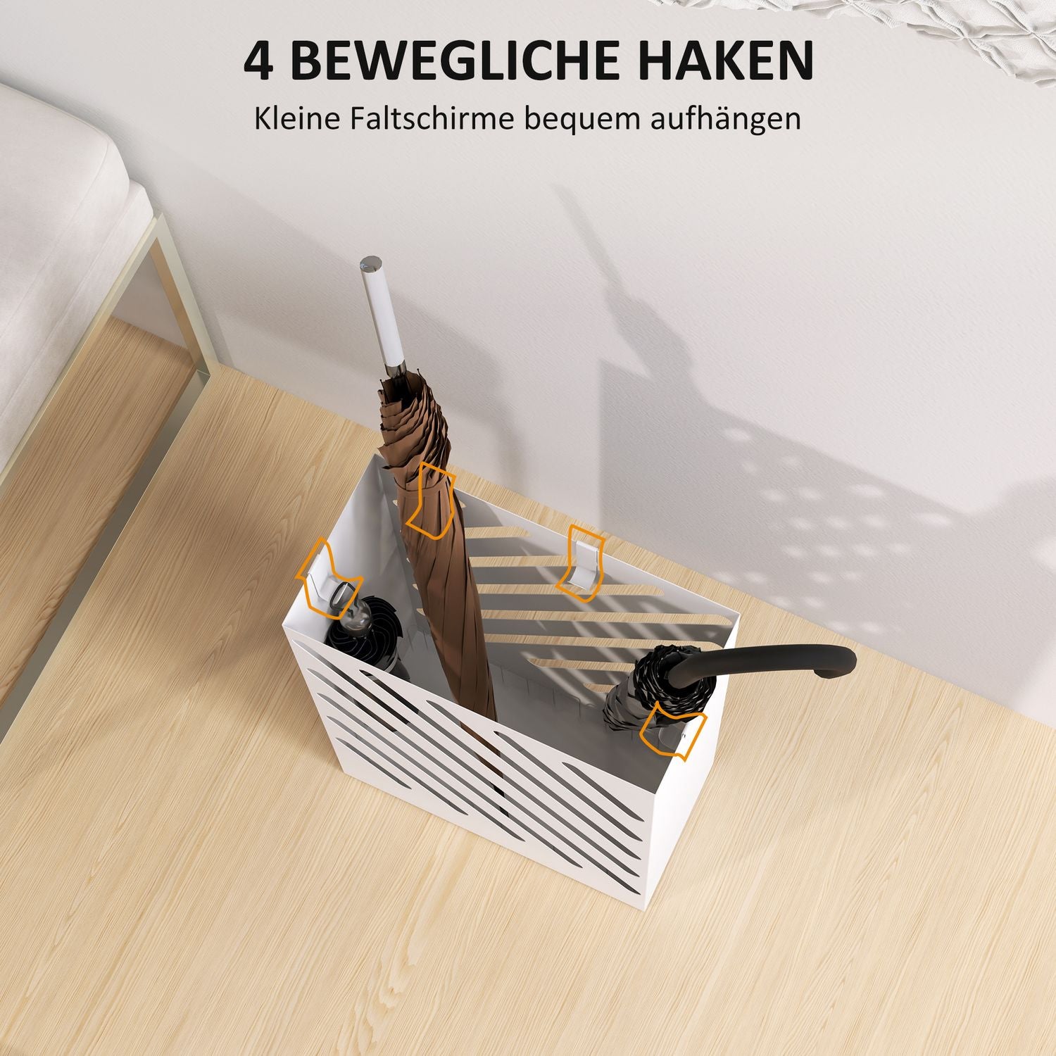 Schirmständer aus weissem Stahl mit Haken und Wasserschale