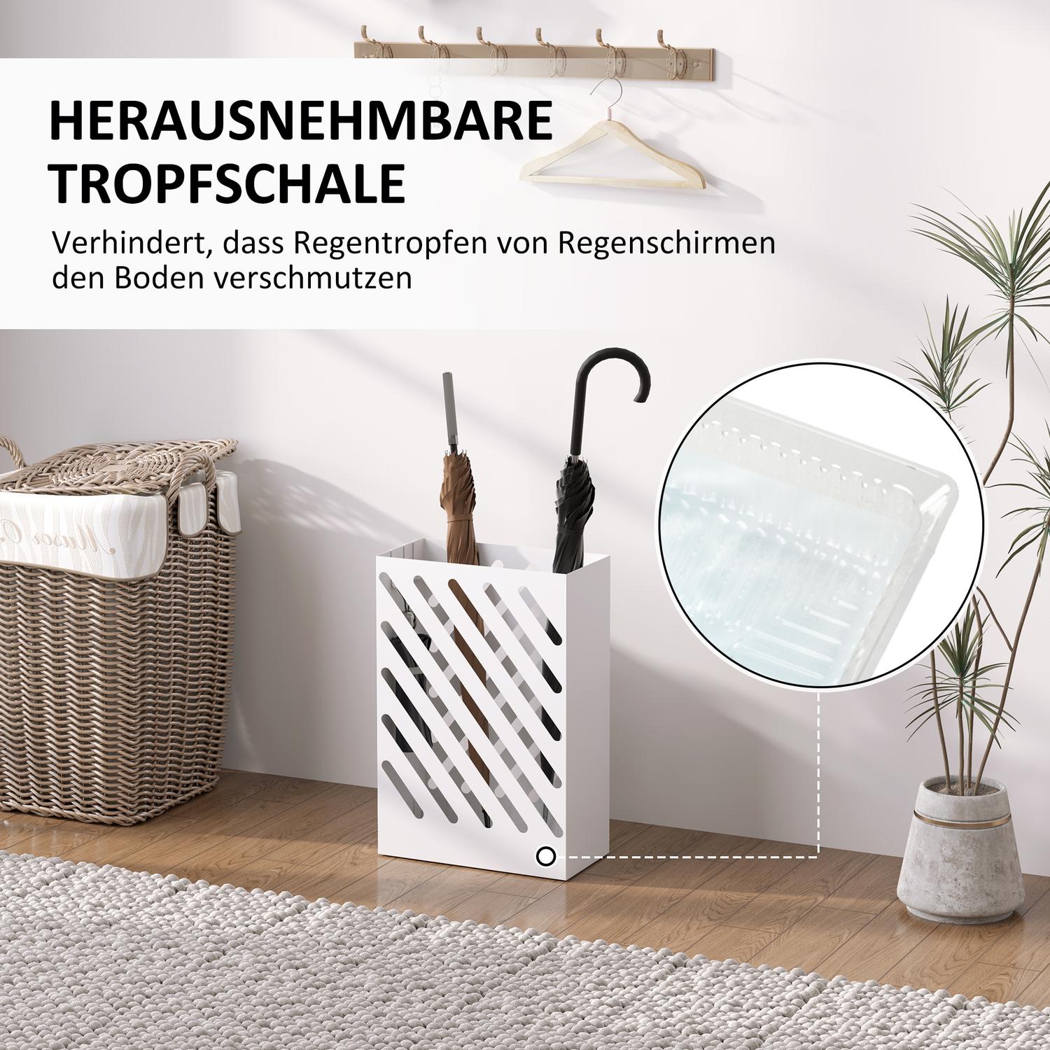 Schirmständer aus weissem Stahl mit Haken und Wasserschale