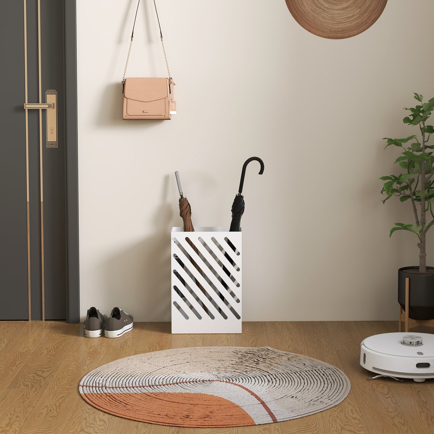 Schirmständer aus weissem Stahl mit Haken und Wasserschale